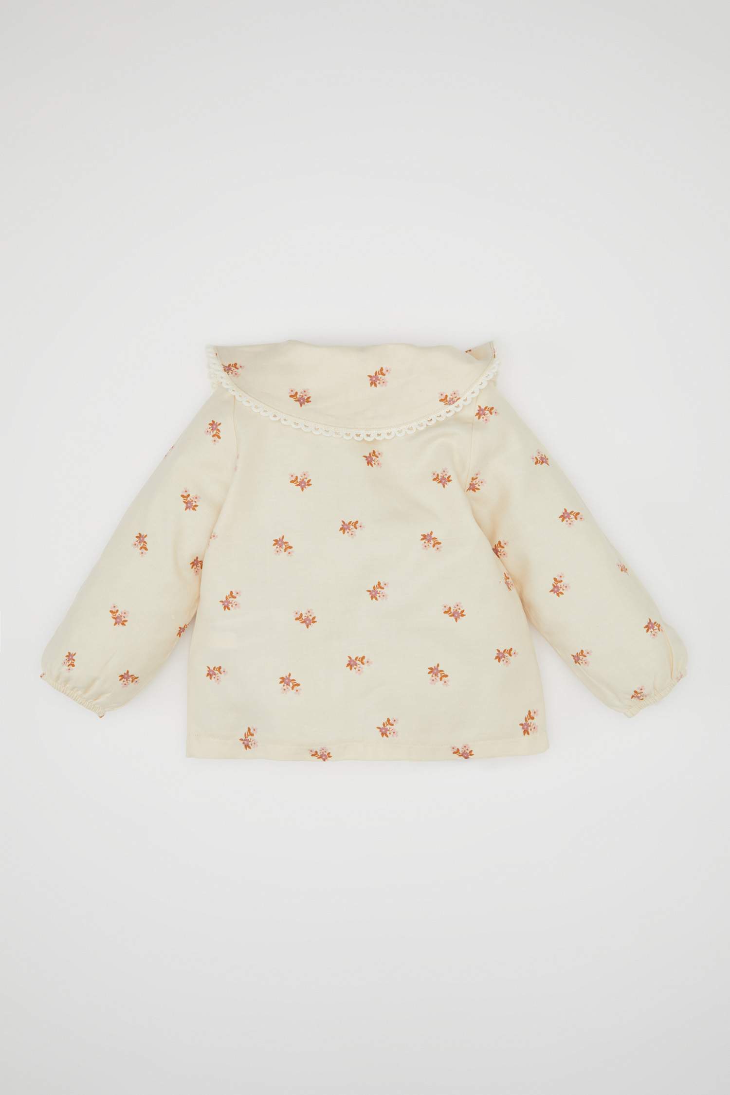 Kız Bebek Büyük Yaka Çiçek Desenli Düğmeli Twill Uzun Kollu Gömlek