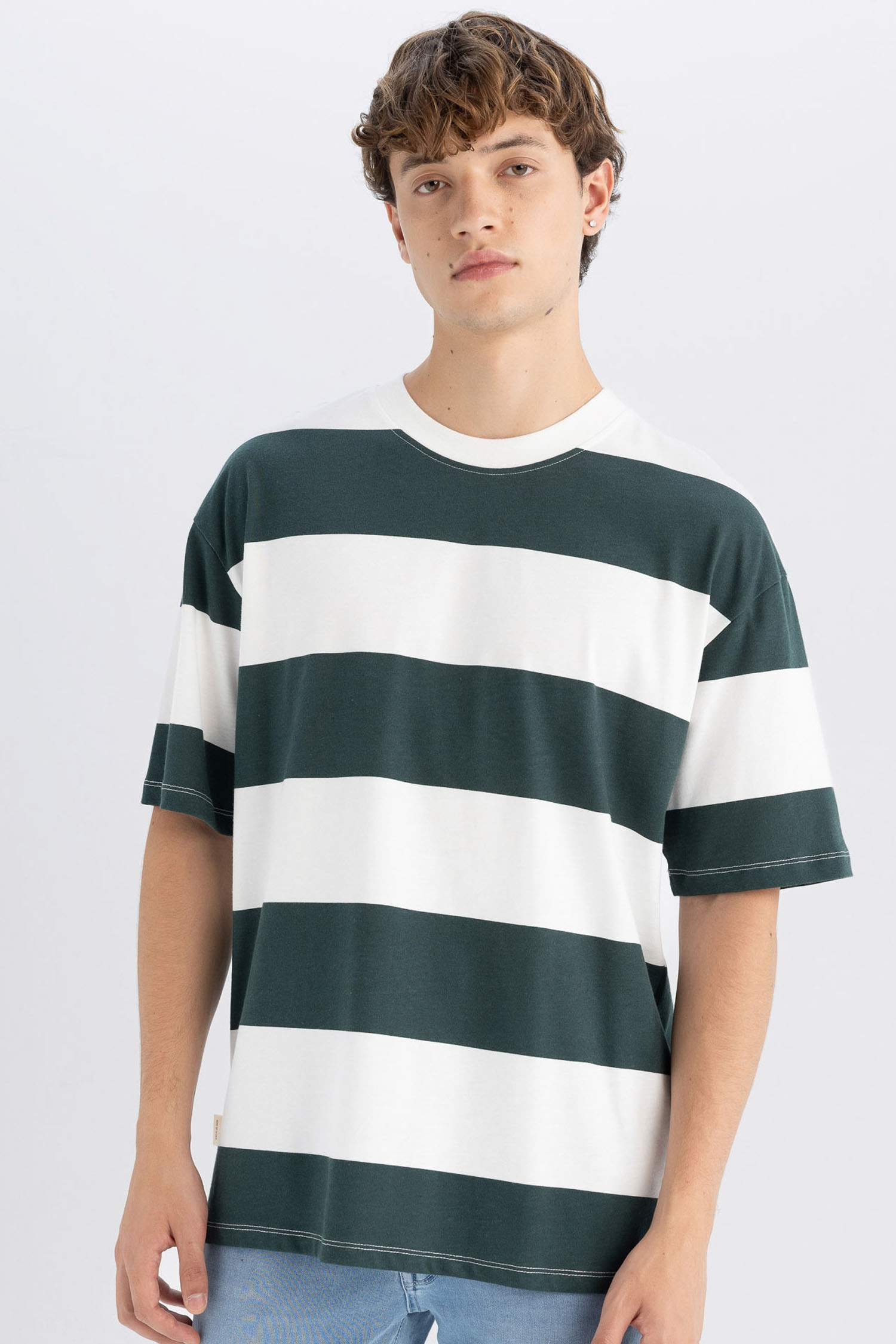 Boxy Fit Crew Neck Striped Cotton Short Sleeve T-Shirt