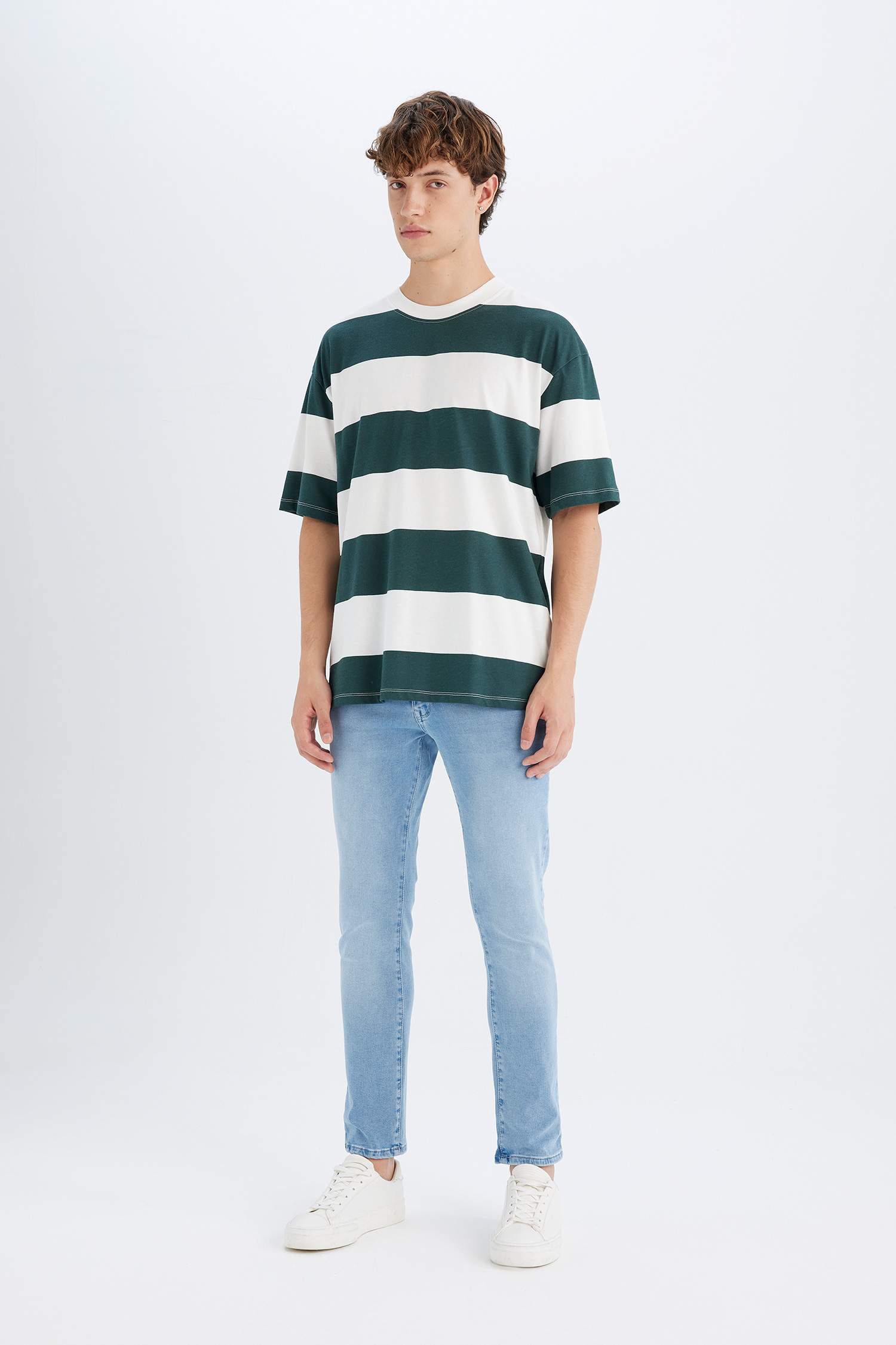 Boxy Fit Crew Neck Striped Cotton Short Sleeve T-Shirt
