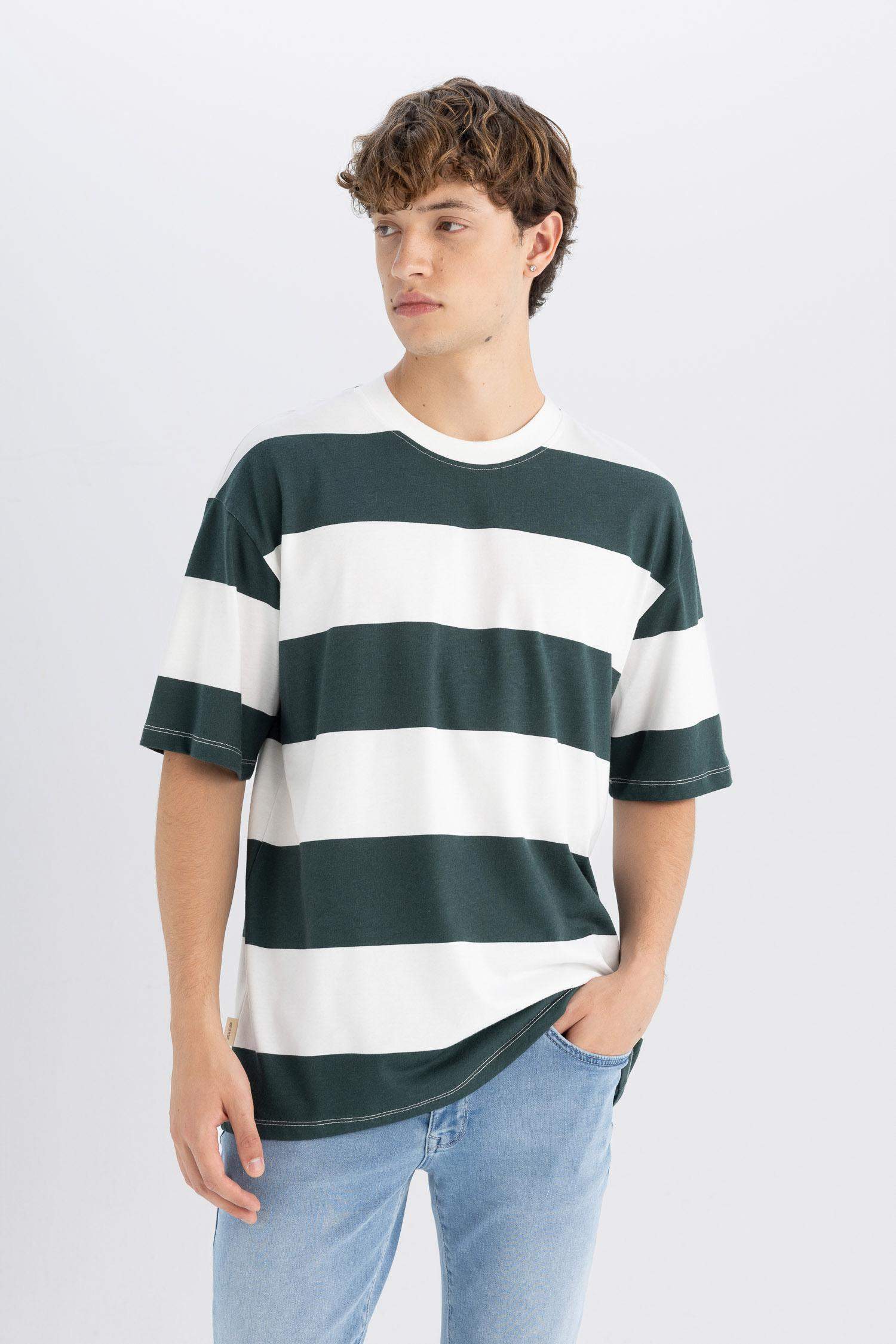 Boxy Fit Crew Neck Striped Cotton Short Sleeve T-Shirt