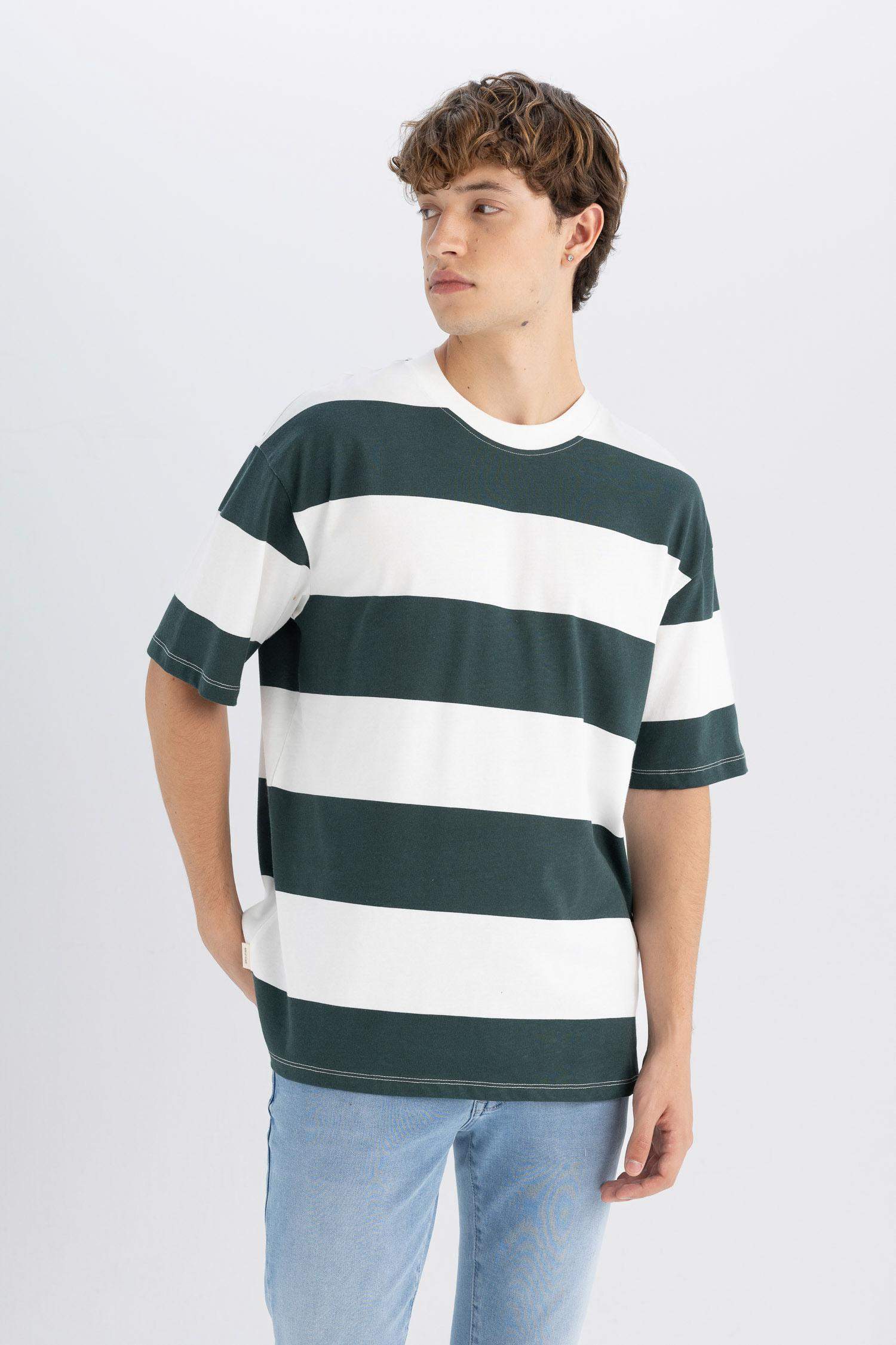 Boxy Fit Crew Neck Striped Cotton Short Sleeve T-Shirt