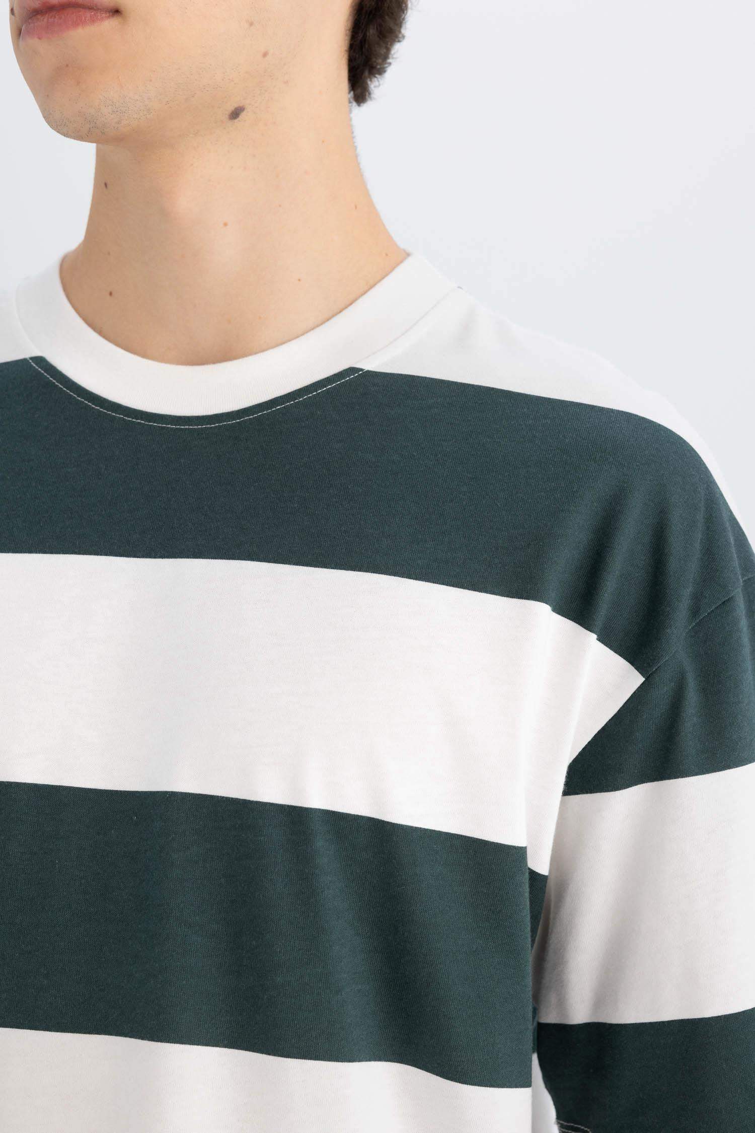 Boxy Fit Crew Neck Striped Cotton Short Sleeve T-Shirt