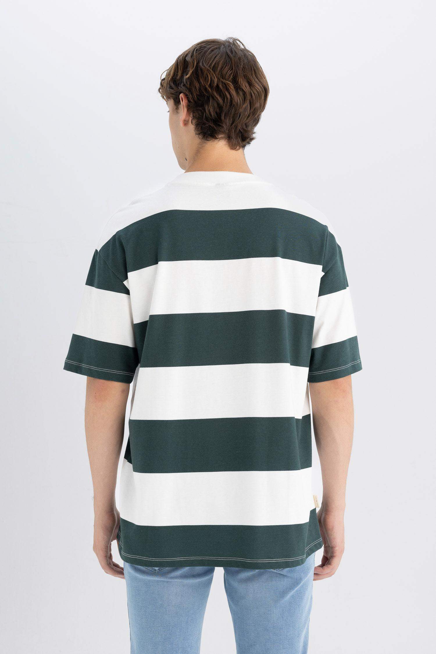 Boxy Fit Crew Neck Striped Cotton Short Sleeve T-Shirt