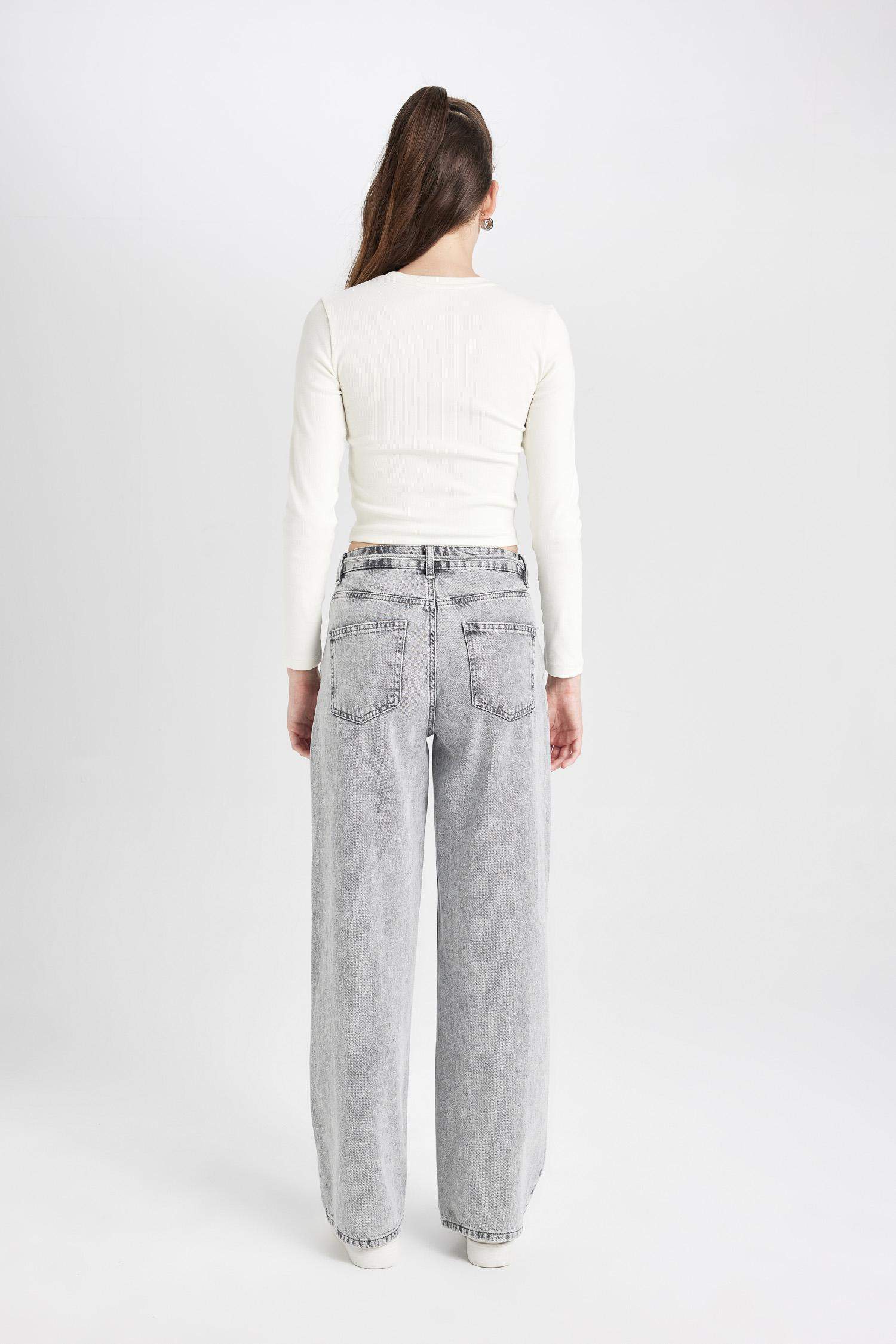 Loose Wide Leg Geniş Paça Yüksek Bel Uzun Jean Yıkamalı Pantolon