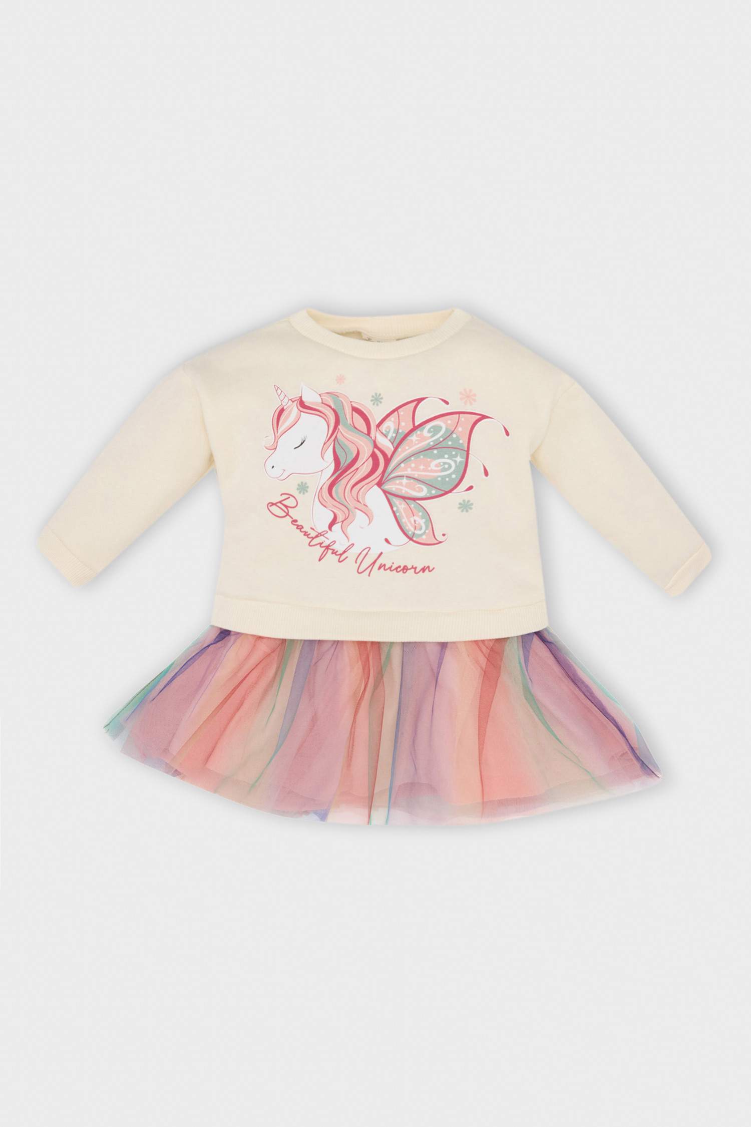 Kız Bebek Unicorn Baskılı Uzun Kollu Tütülü Sweat Elbise