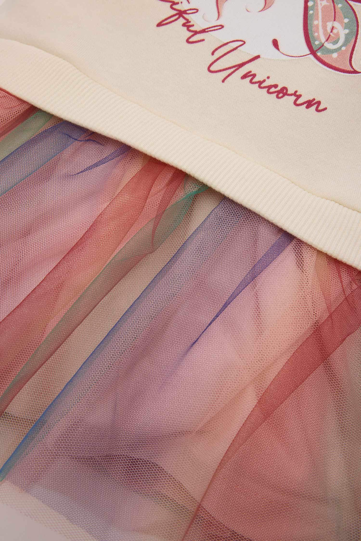 Kız Bebek Unicorn Baskılı Uzun Kollu Tütülü Sweat Elbise