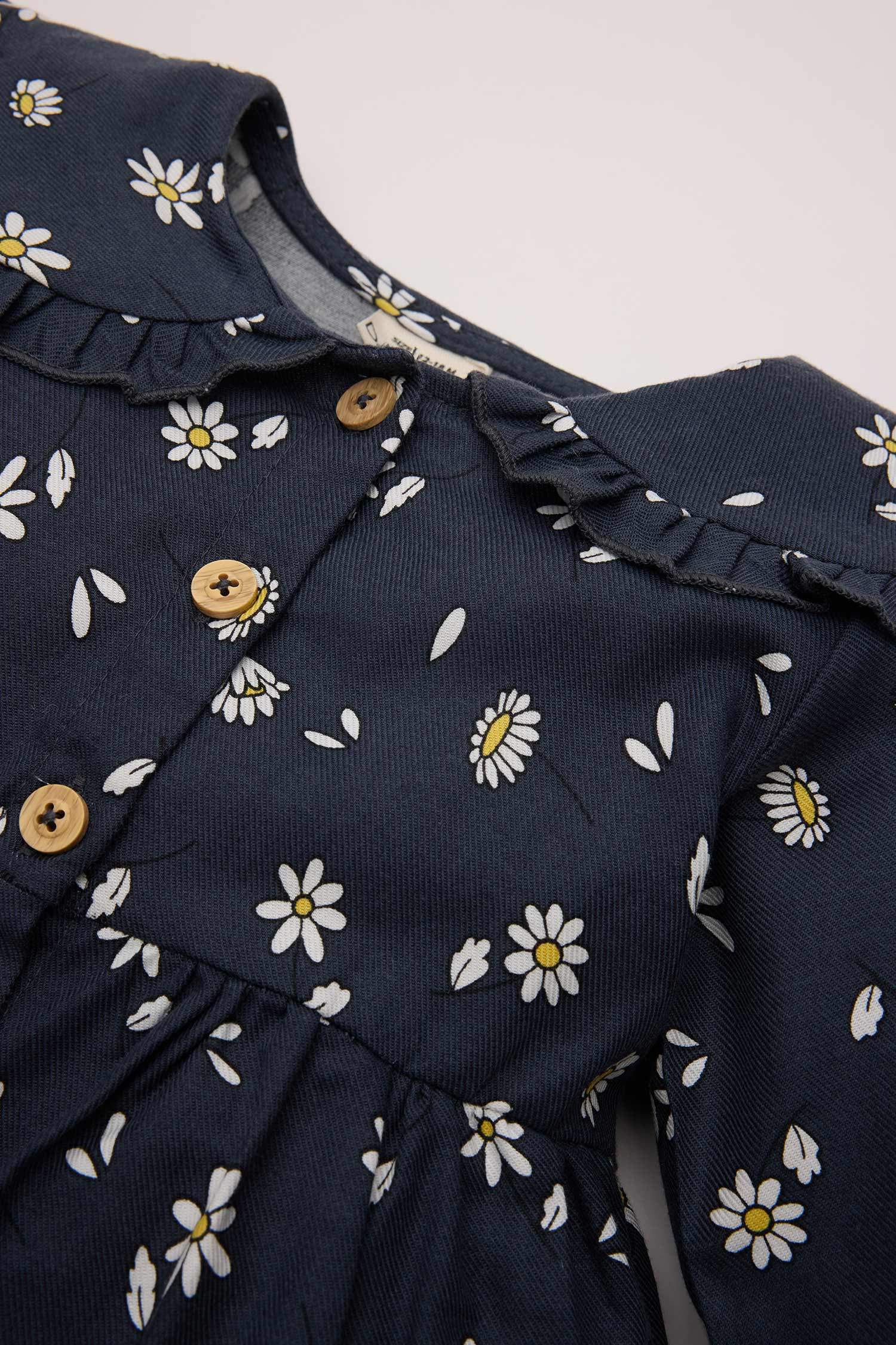 Kız Bebek Çiçekli Uzun Kollu Yakası Fırfırlı Twill Elbise