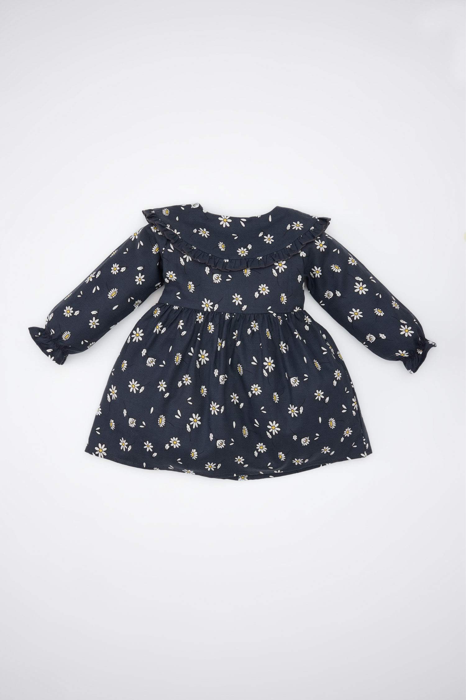 Kız Bebek Çiçekli Uzun Kollu Yakası Fırfırlı Twill Elbise