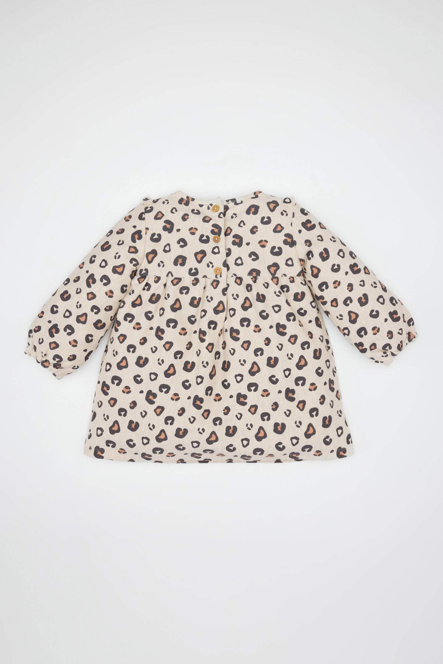 Kız Bebek Leopar Desenli Düğmeli Fırfırlı Uzun Kollu Elbise