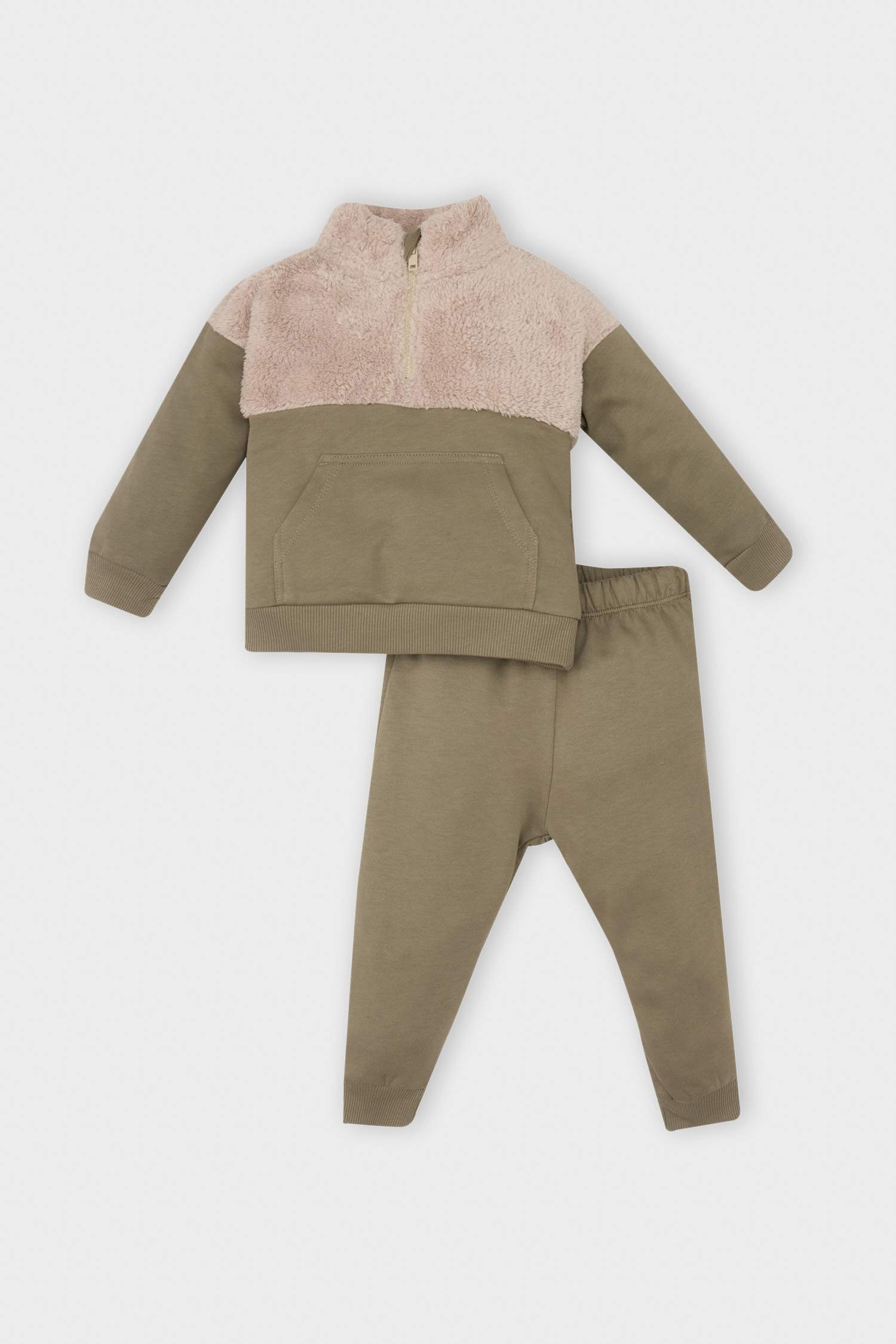 Erkek Bebek 2'li Takım Fermuarlı Dik Yaka Kanguru Cepli Sweatshirt Beli Lastikli Jogger Eşofman Altı