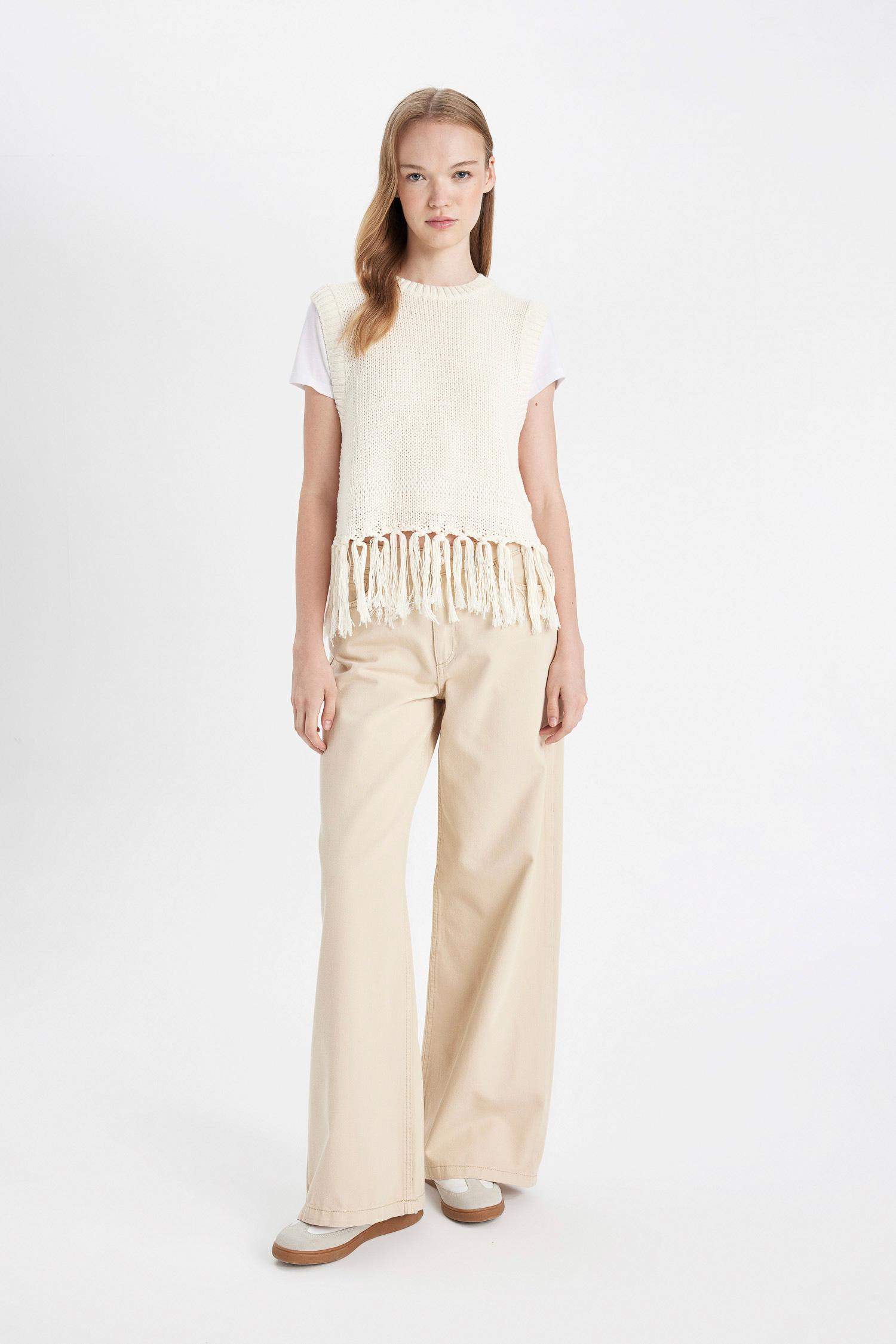 Coool Bisiklet Yaka Basic Düz Püsküllü Triko Süveter