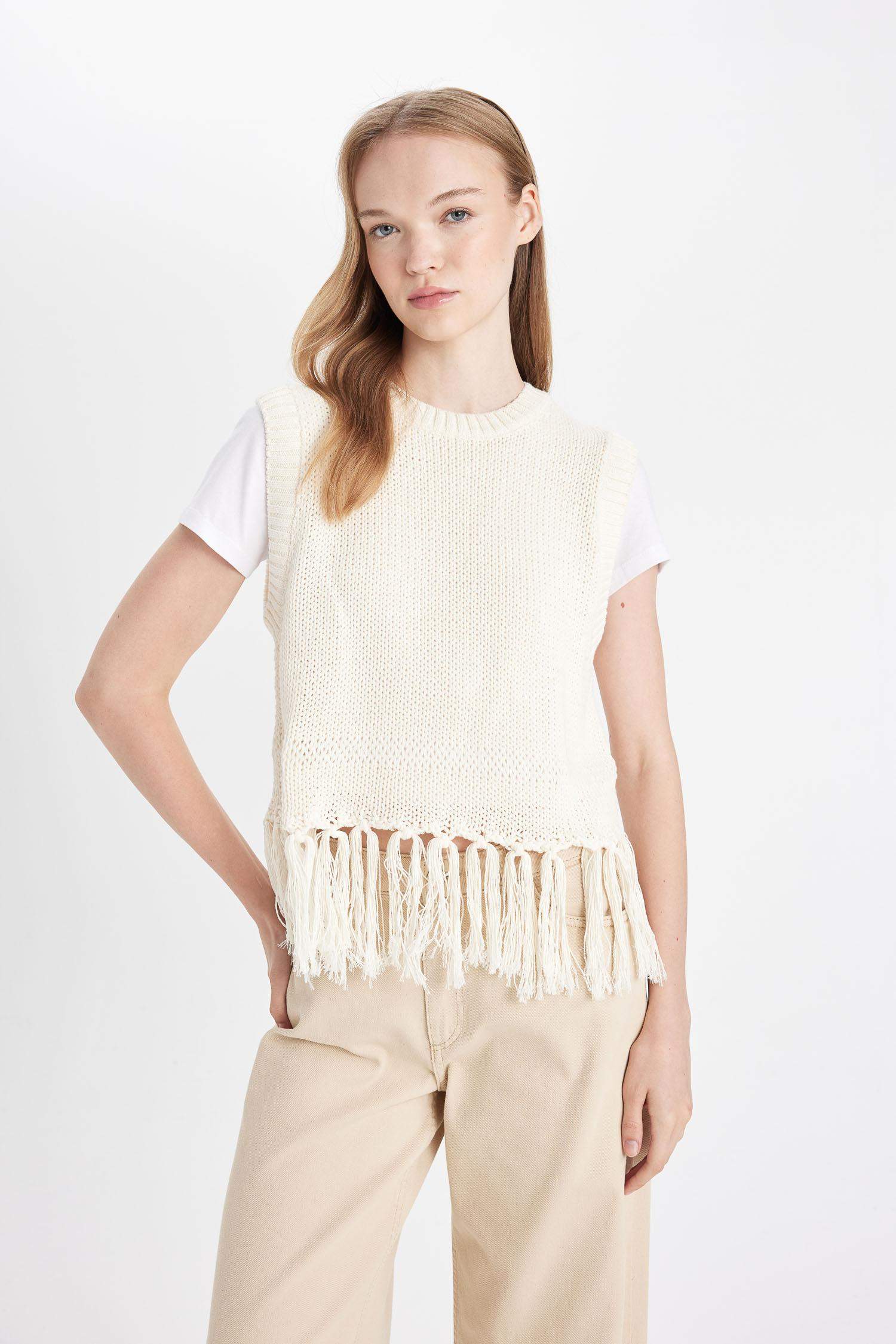 Coool Bisiklet Yaka Basic Düz Püsküllü Triko Süveter