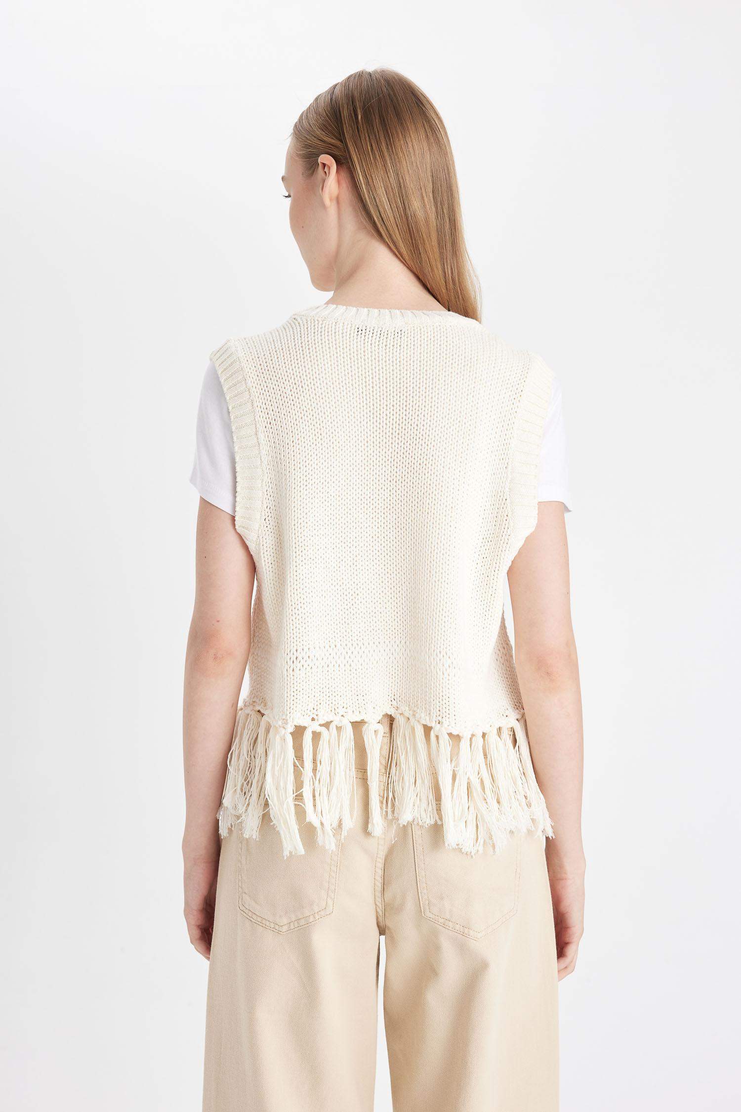 Coool Bisiklet Yaka Basic Düz Püsküllü Triko Süveter