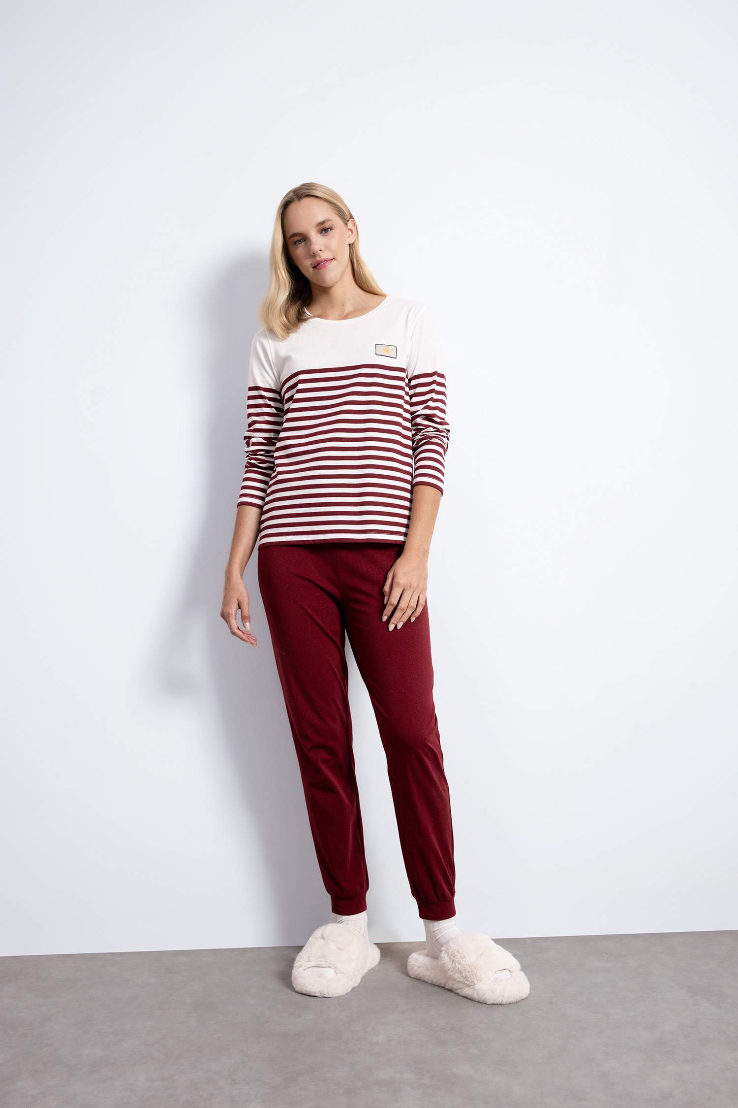 Pijama Takım Çizgili Uzun Kollu Üst Beli Lastikli Alt