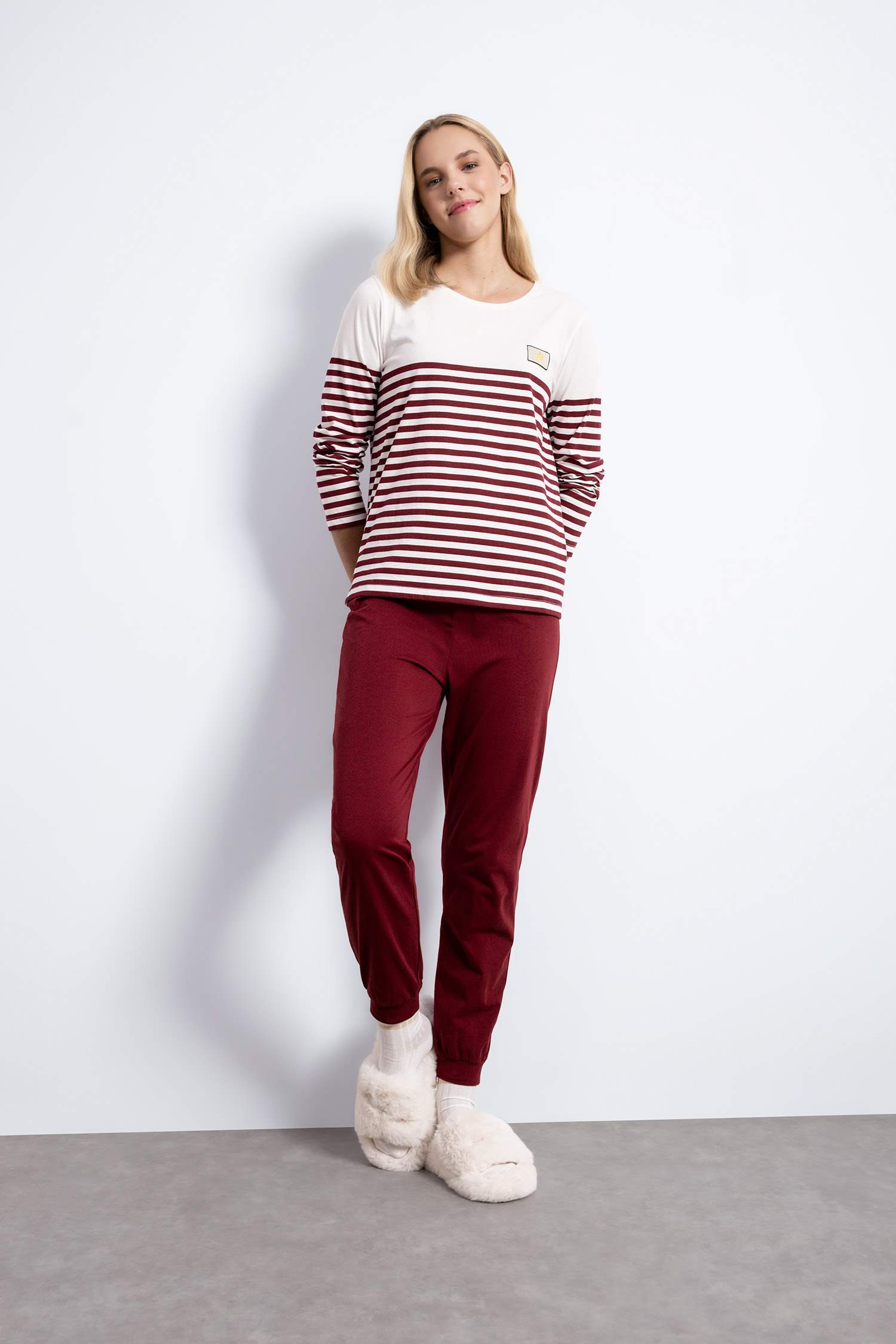 Pijama Takım Çizgili Uzun Kollu Üst Beli Lastikli Alt