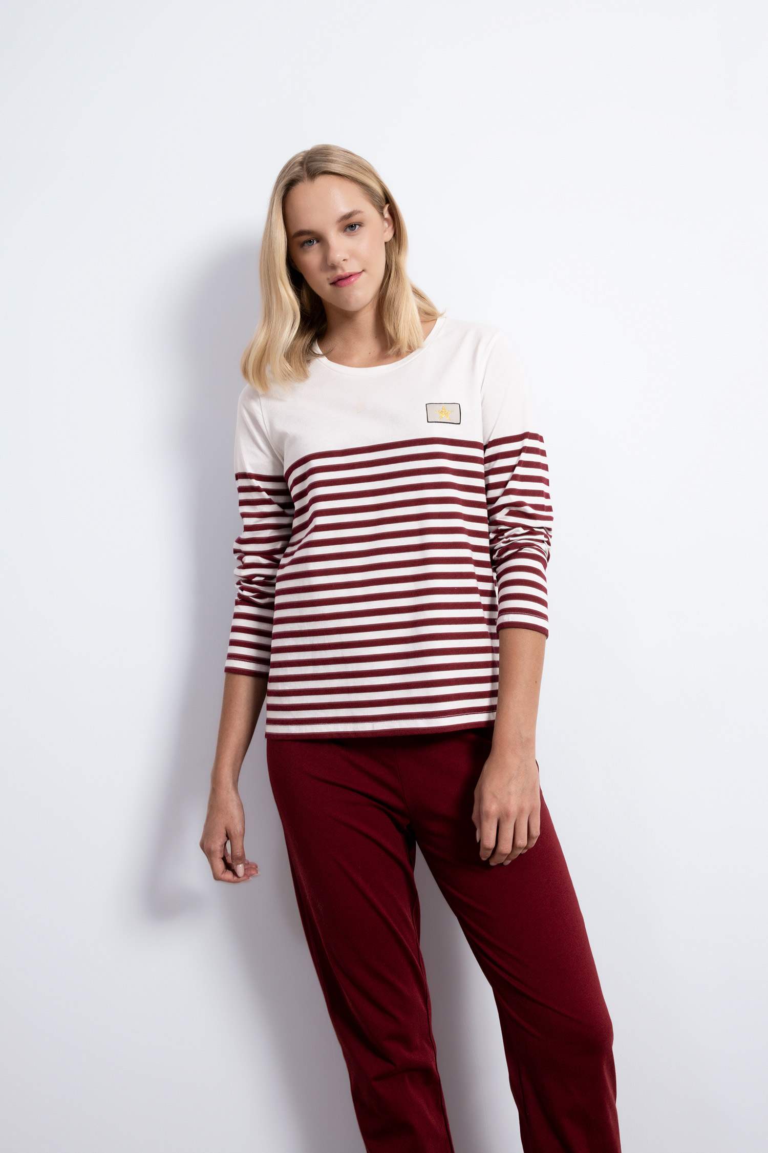 Pijama Takım Çizgili Uzun Kollu Üst Beli Lastikli Alt