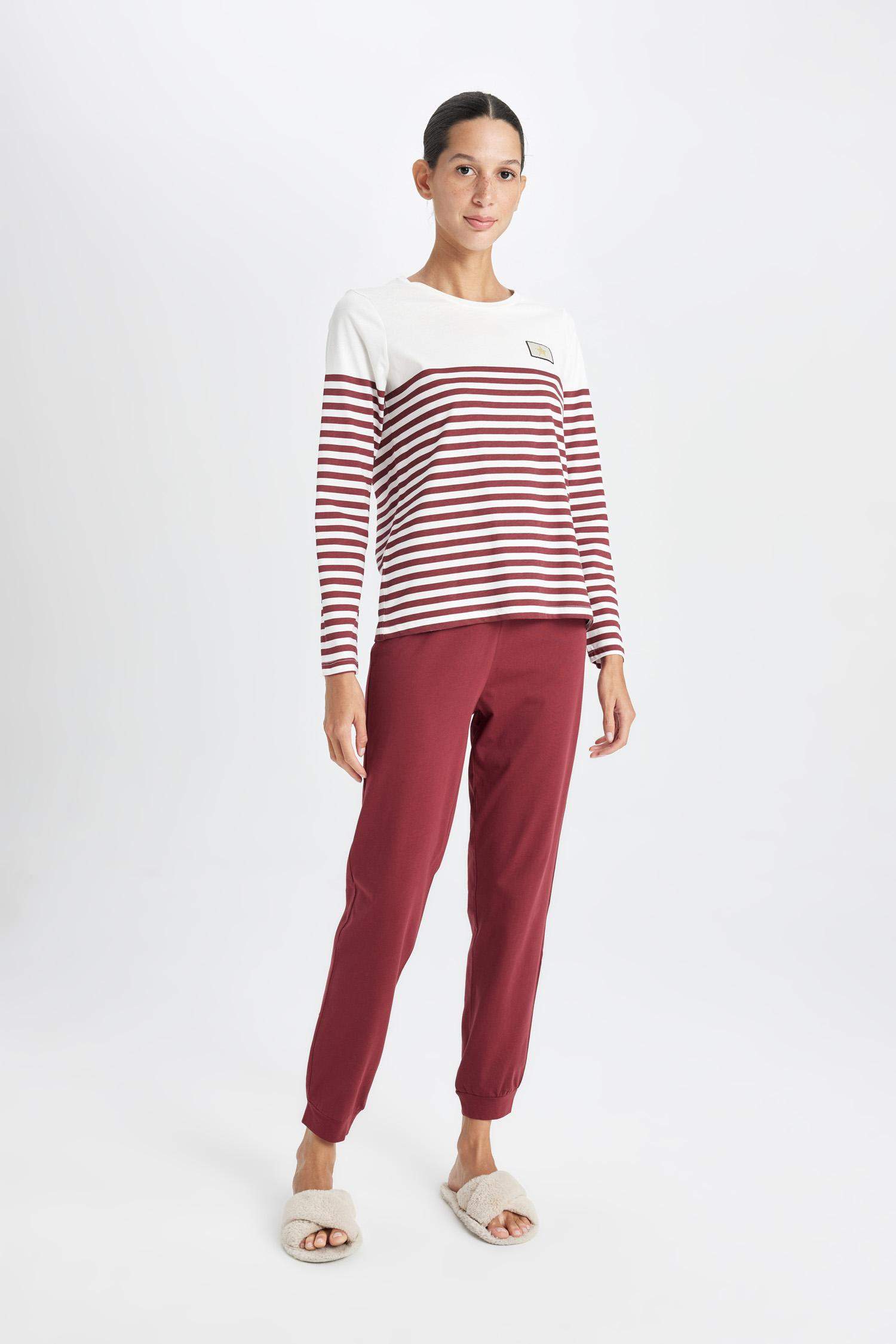 Pijama Takım Çizgili Uzun Kollu Üst Beli Lastikli Alt