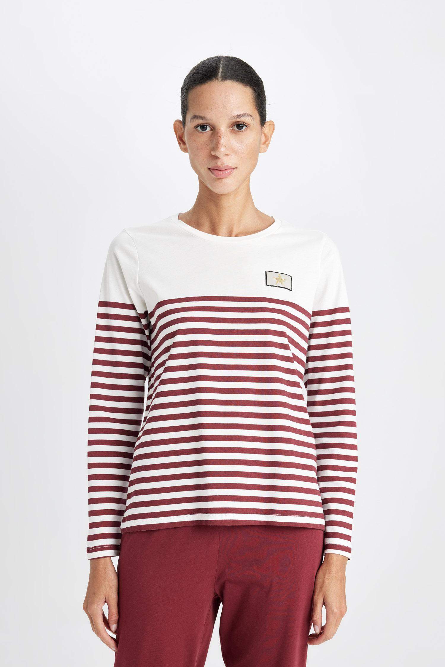 Pijama Takım Çizgili Uzun Kollu Üst Beli Lastikli Alt