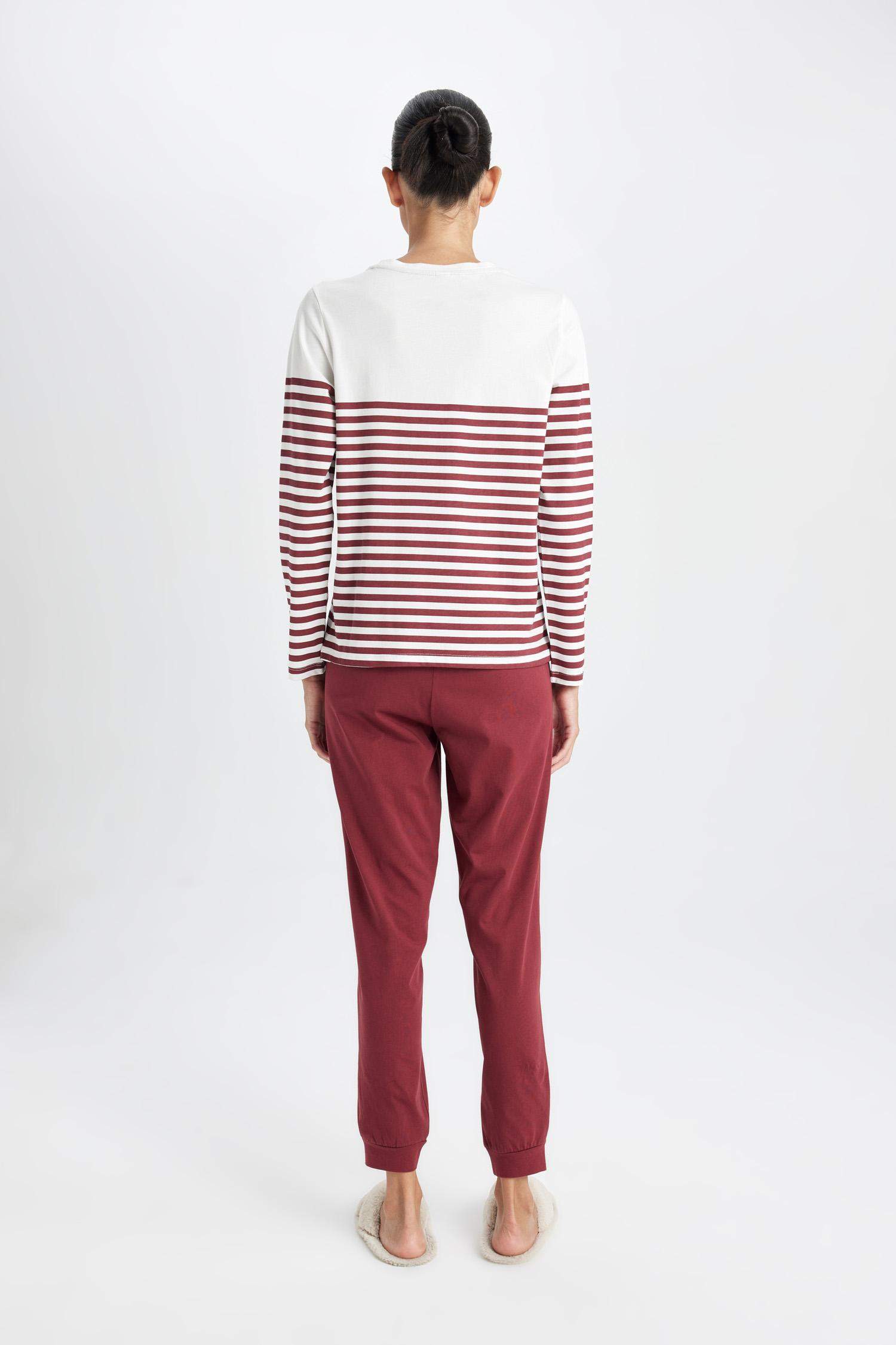 Pijama Takım Çizgili Uzun Kollu Üst Beli Lastikli Alt