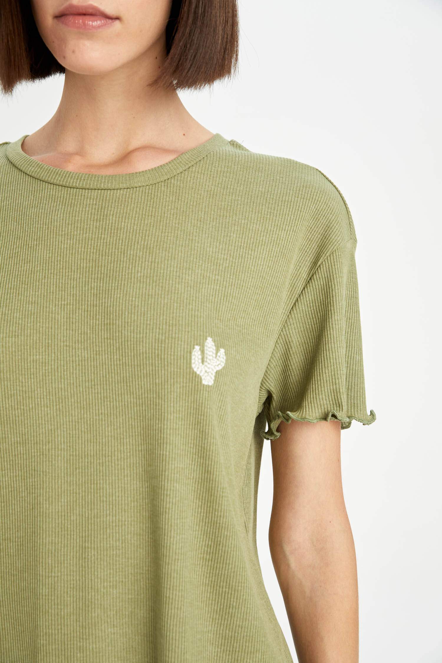 Ribana Pijama Takımı Bisiklet Yaka Baskılı Kısa Kollu Üst Çizgili Alt 