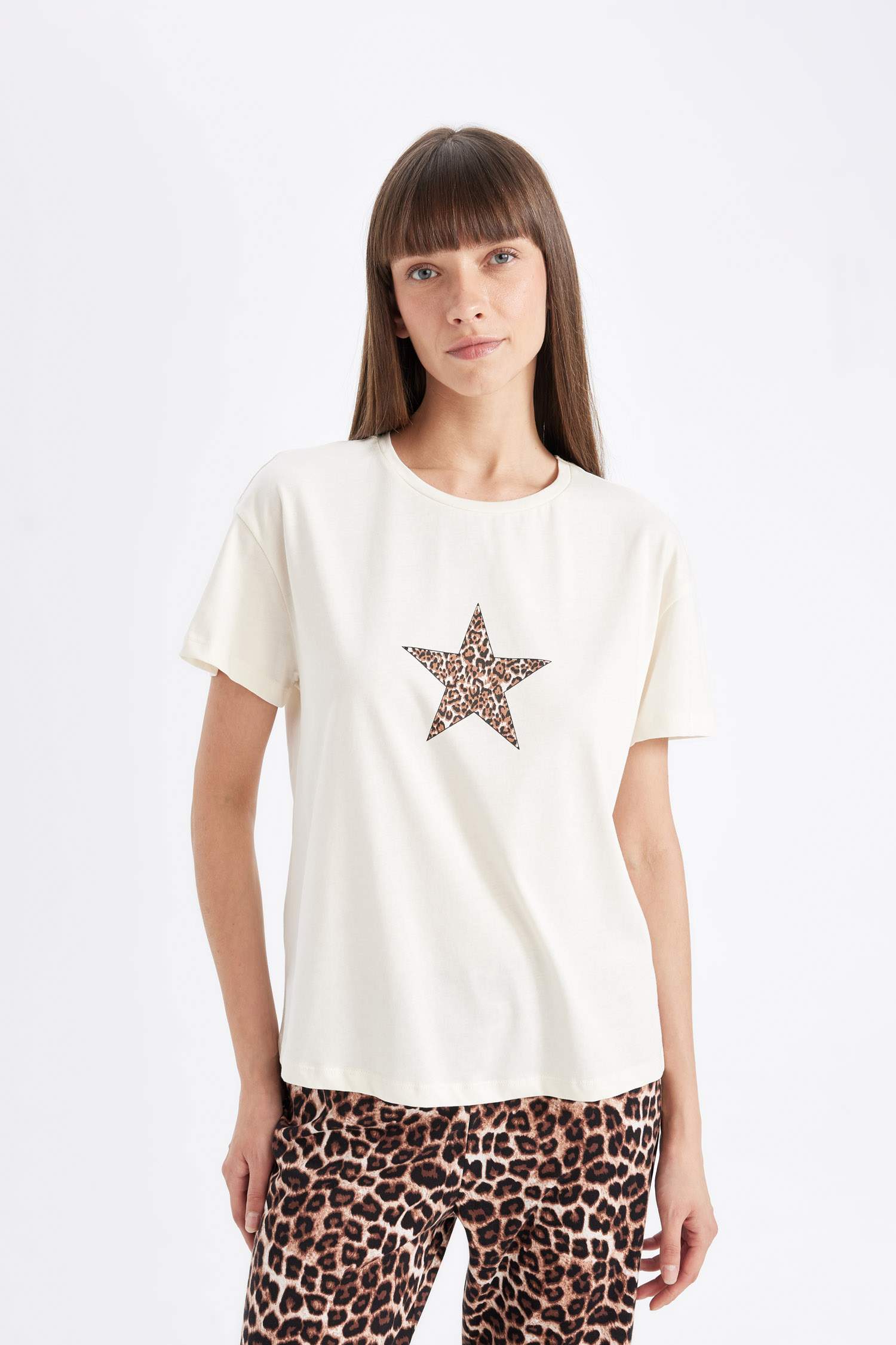 Fall in Love Pijama Takım Leopar Desenli Bisiklet Yaka Kısa Kollu Üst Beli Lastikli Alt