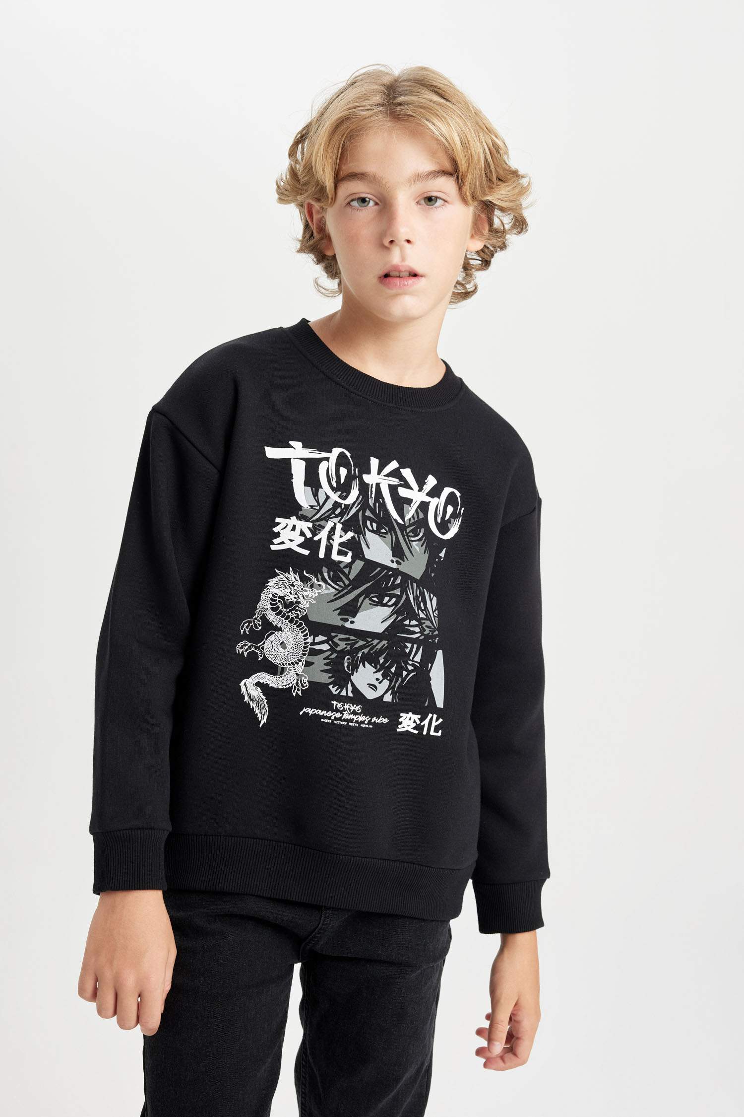 Erkek Çocuk Siyah Oversize Geniş Kalıp Bisiklet Yaka Baskılı Sweatshirt