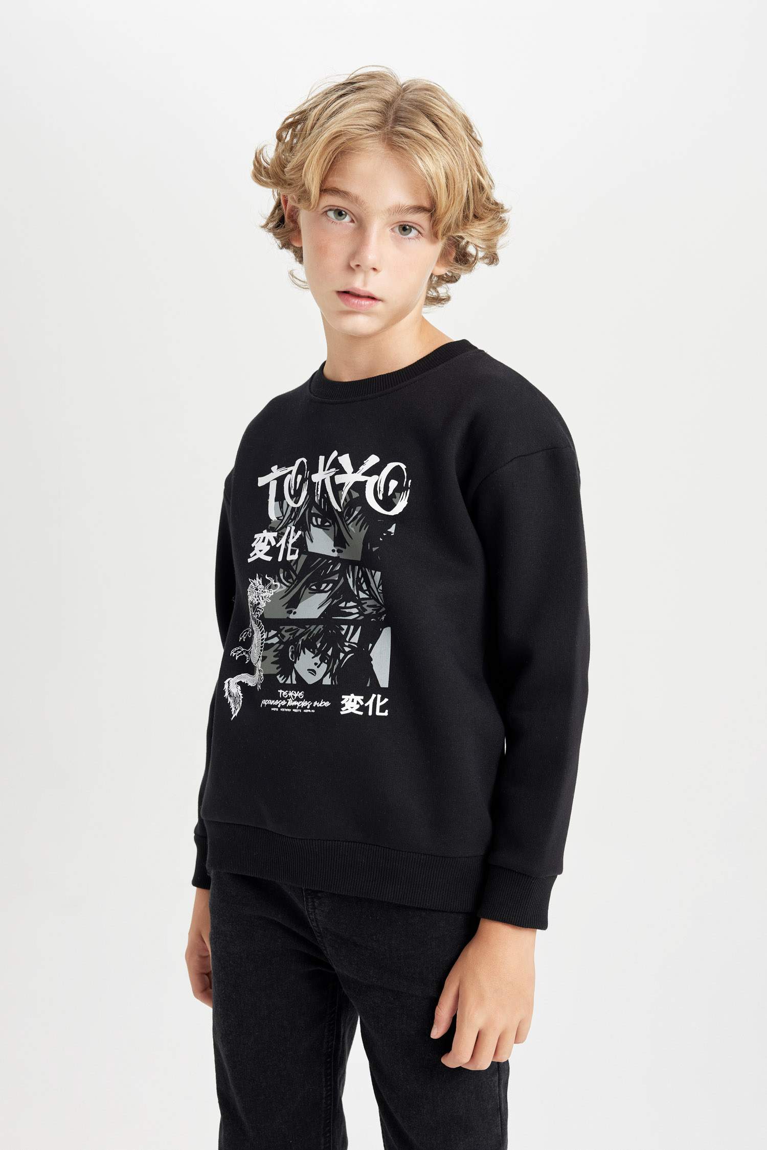 Erkek Çocuk Siyah Oversize Geniş Kalıp Bisiklet Yaka Baskılı Sweatshirt