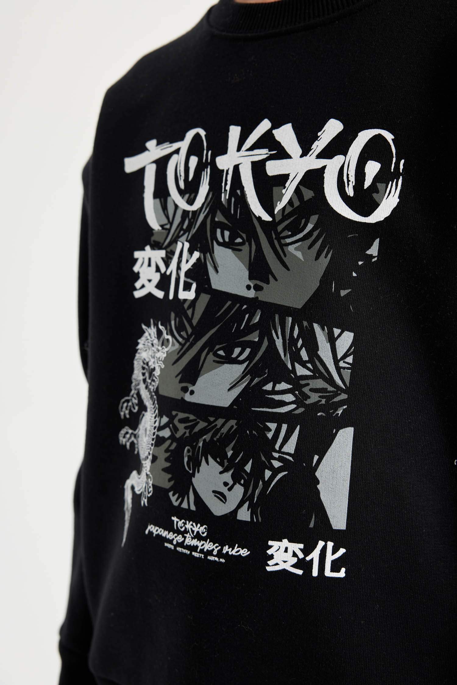 Erkek Çocuk Siyah Oversize Geniş Kalıp Bisiklet Yaka Baskılı Sweatshirt