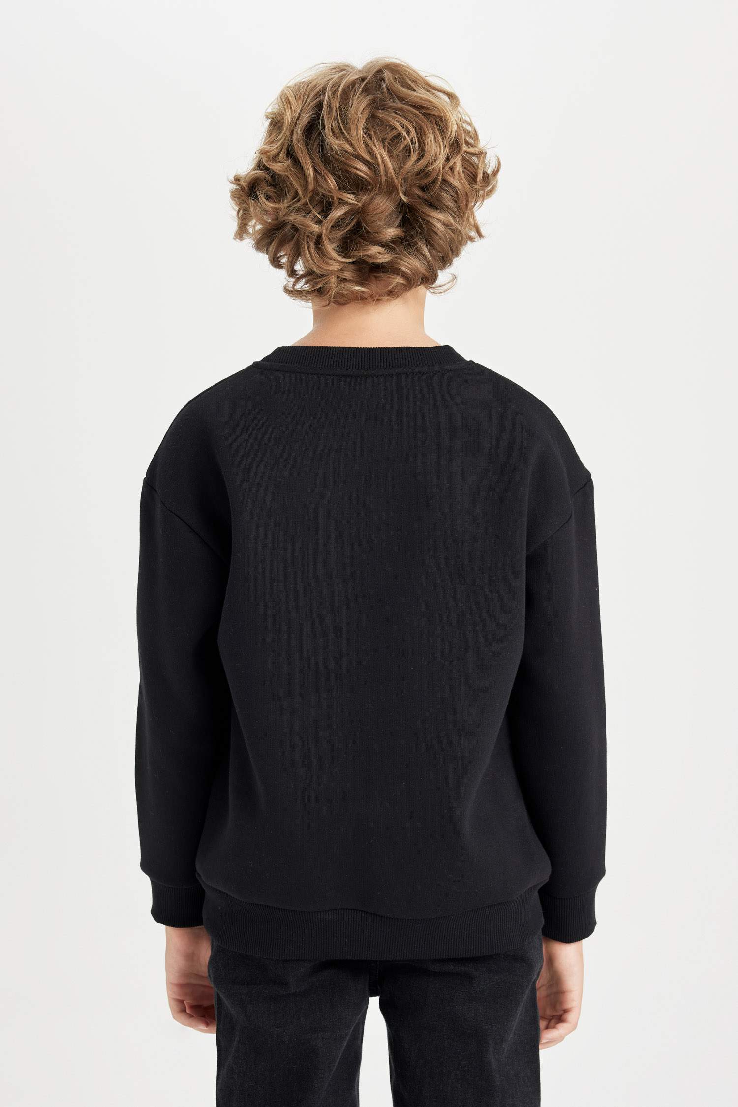 Erkek Çocuk Siyah Oversize Geniş Kalıp Bisiklet Yaka Baskılı Sweatshirt