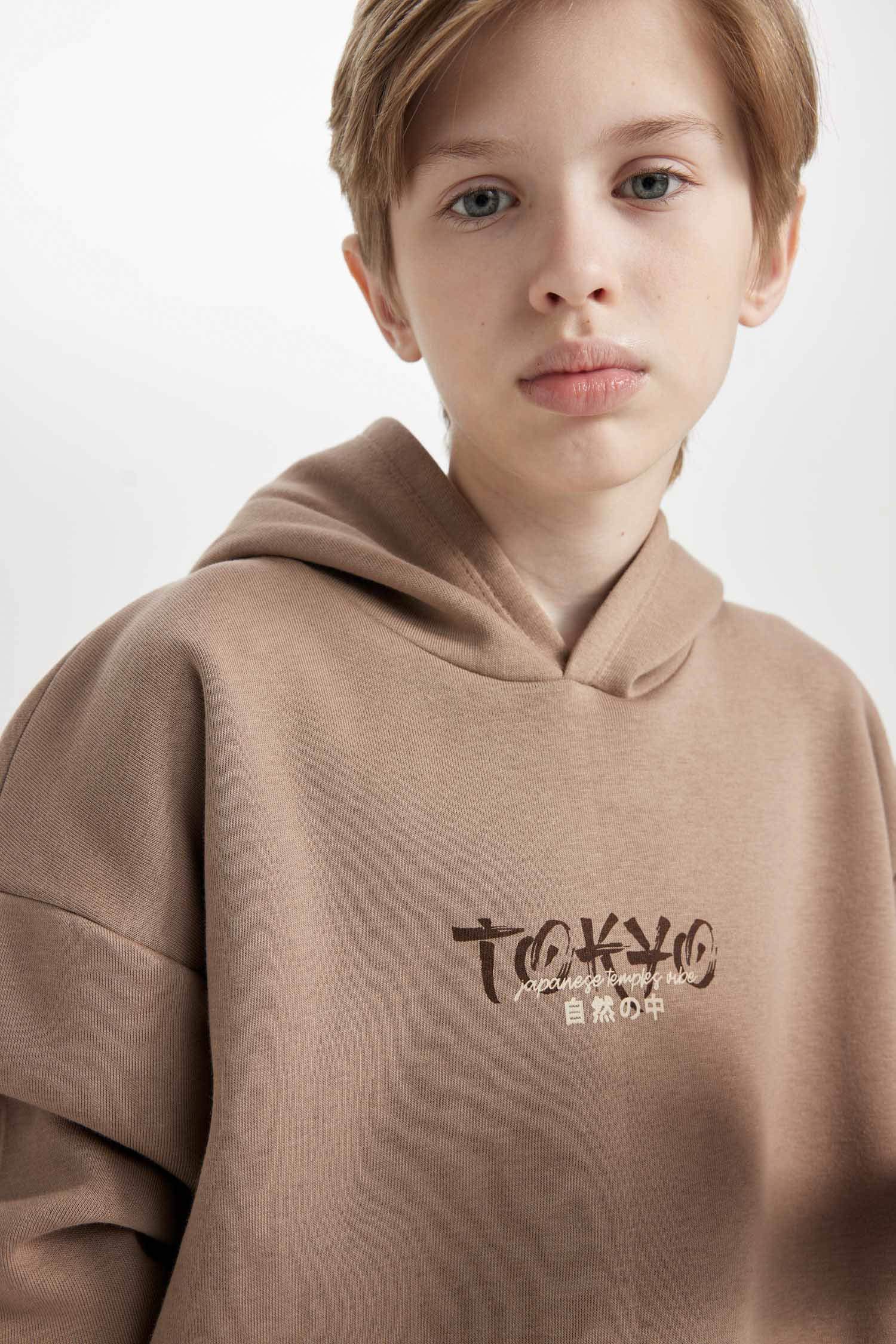 Erkek Çocuk Oversize Geniş Kalıp Sırt Baskılı Kapüşonlu Sweatshirt
