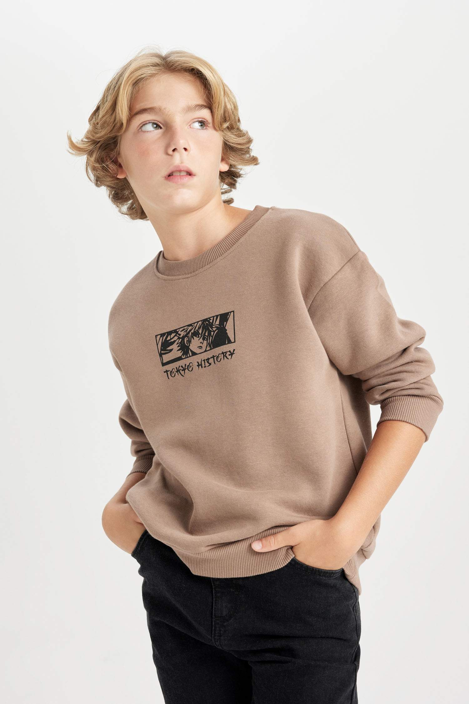 Erkek Çocuk Oversize Geniş Kalıp Sırt Baskılı Bisiklet Yaka Sweatshirt