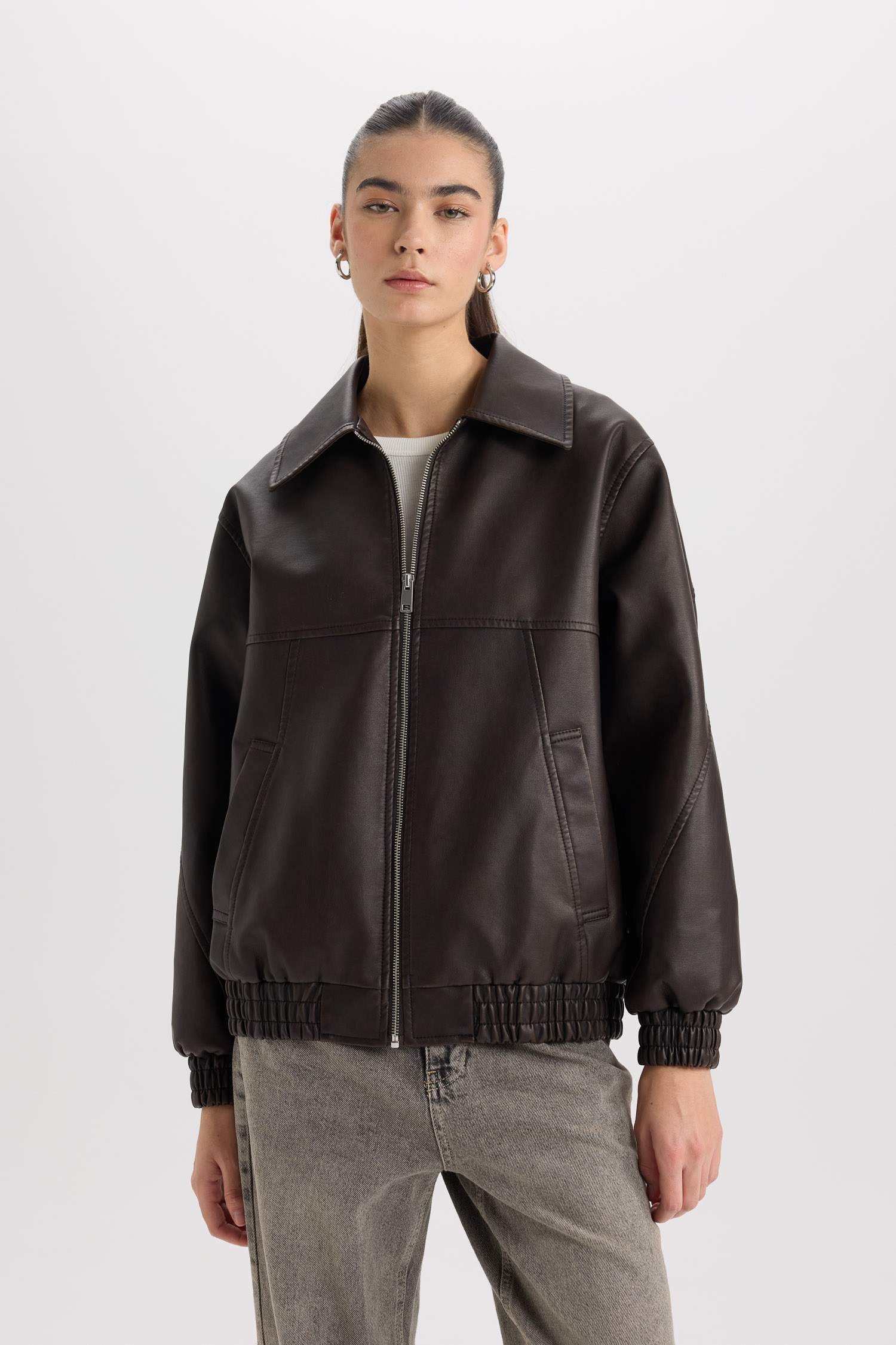 Dad Fit Polo Yaka Cepli Fermuarlı Suni Deri Mont