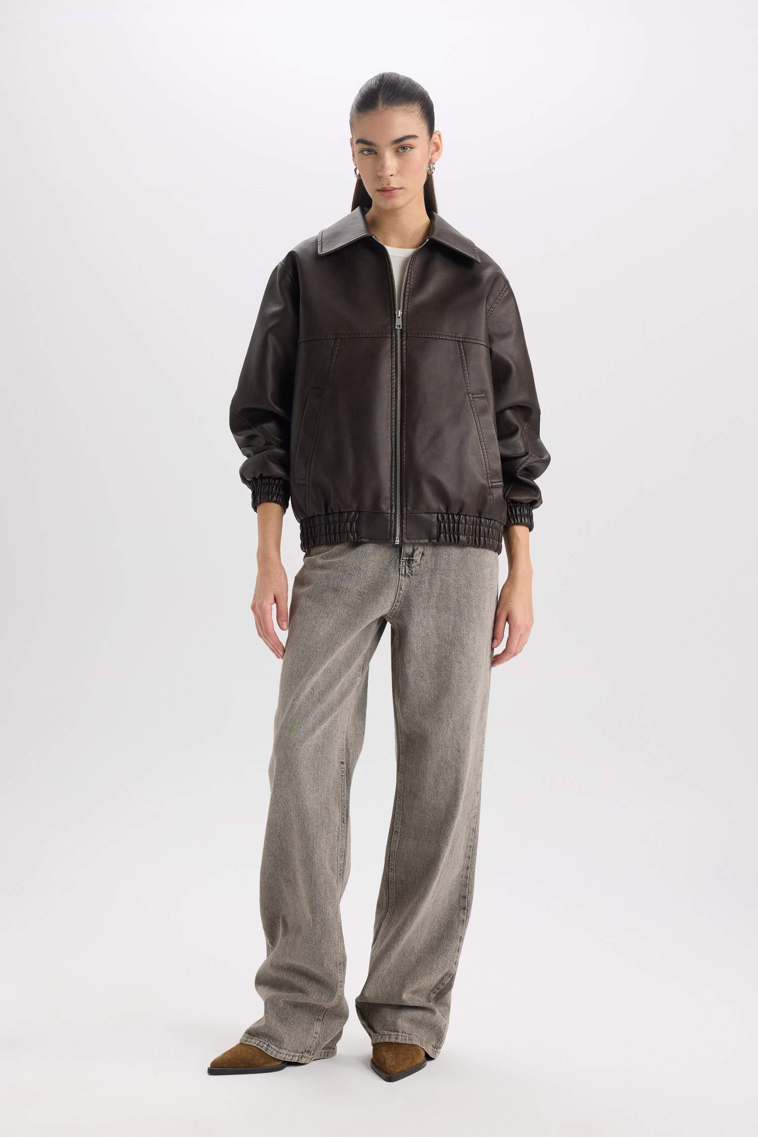 Dad Fit Polo Yaka Cepli Fermuarlı Suni Deri Mont