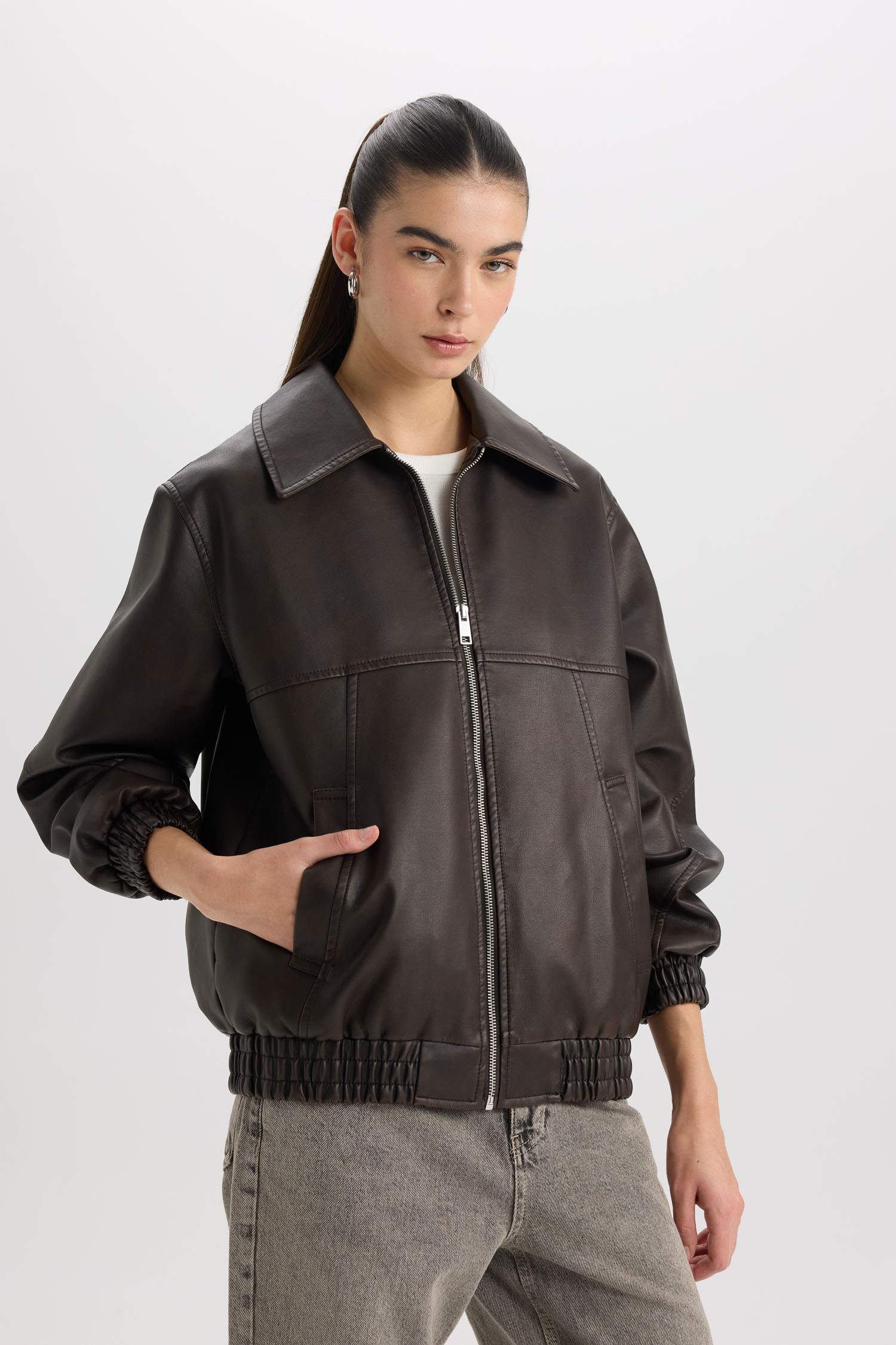 Dad Fit Polo Yaka Cepli Fermuarlı Suni Deri Mont