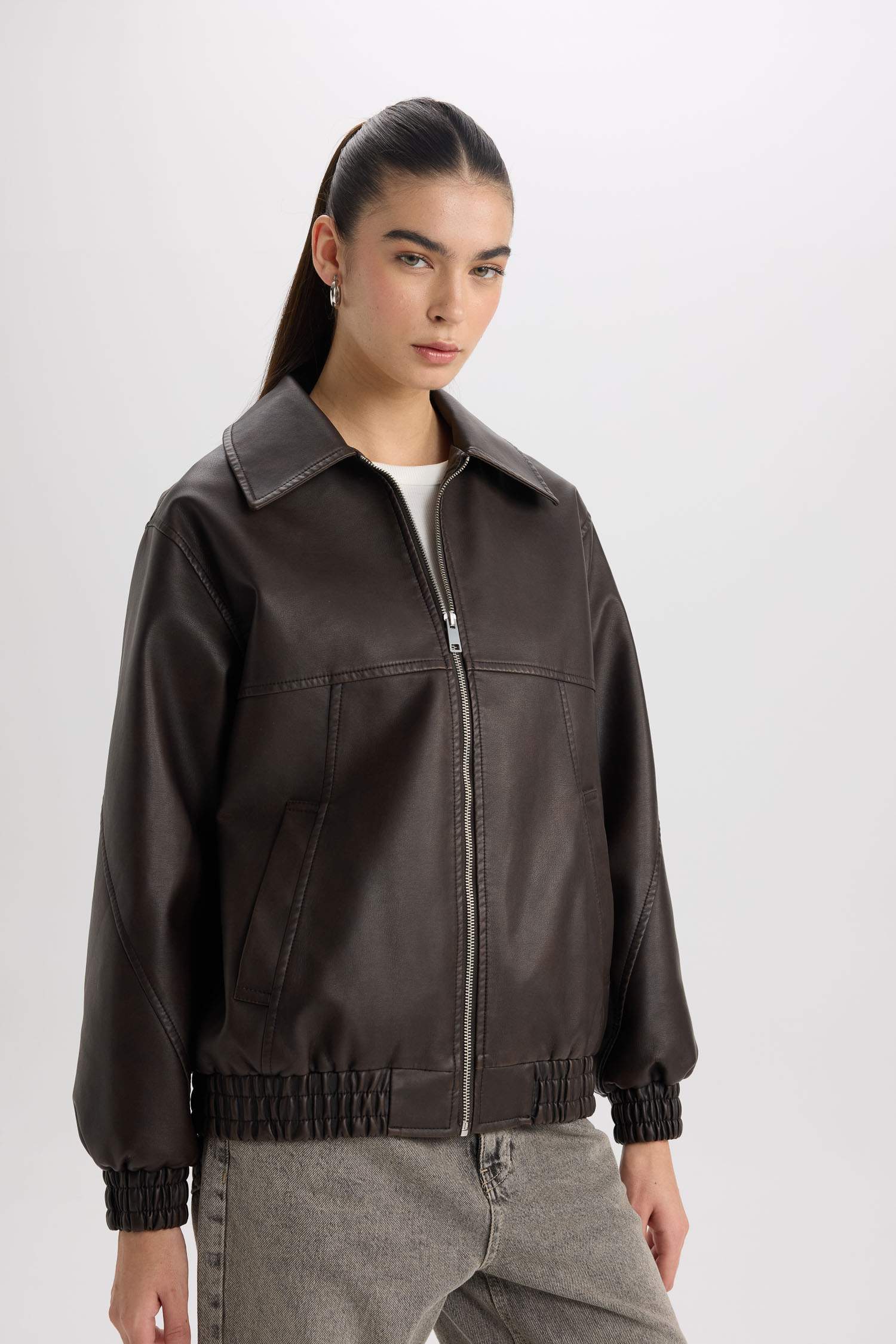 Dad Fit Polo Yaka Cepli Fermuarlı Suni Deri Mont