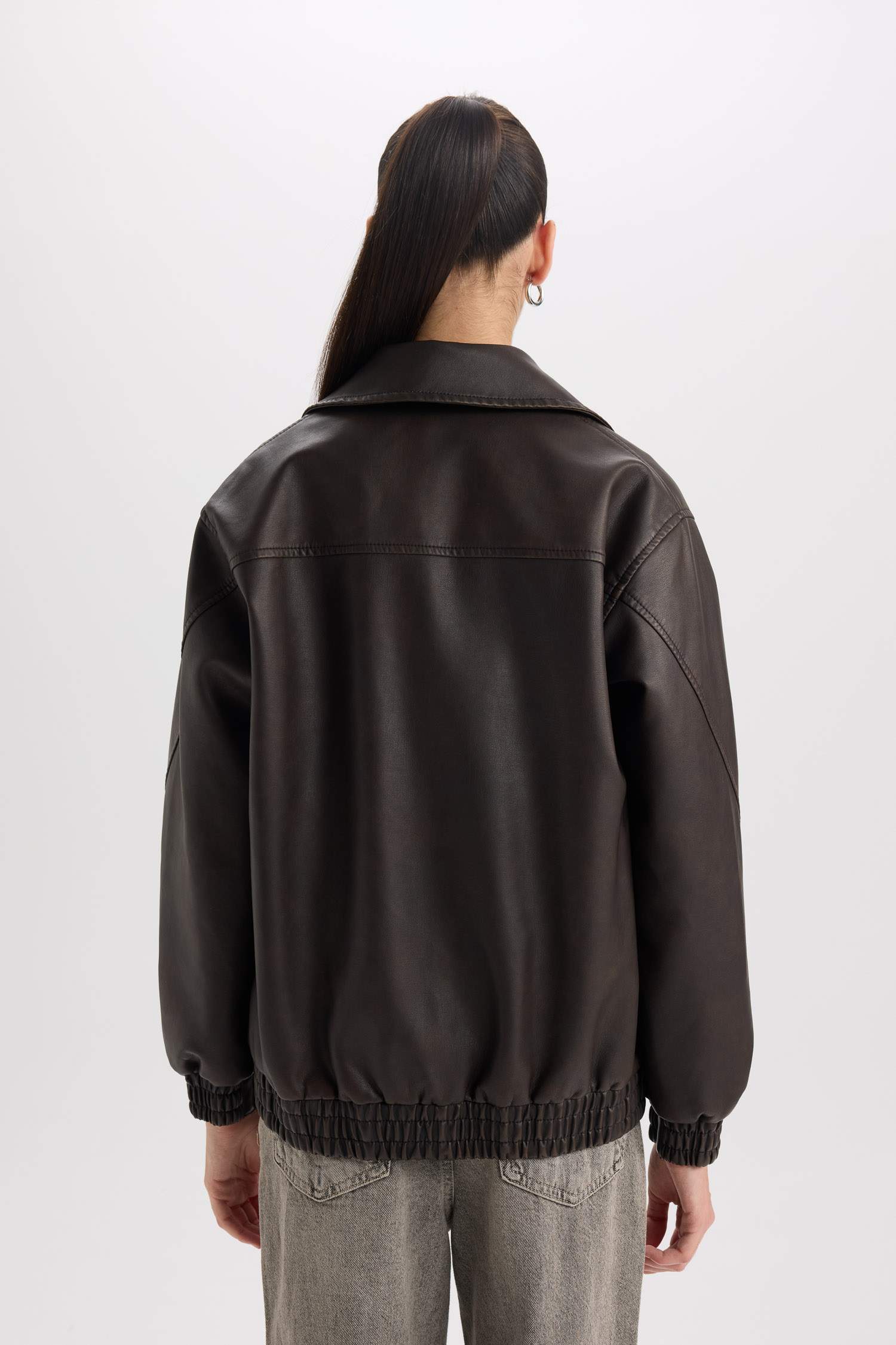 Dad Fit Polo Yaka Cepli Fermuarlı Suni Deri Mont