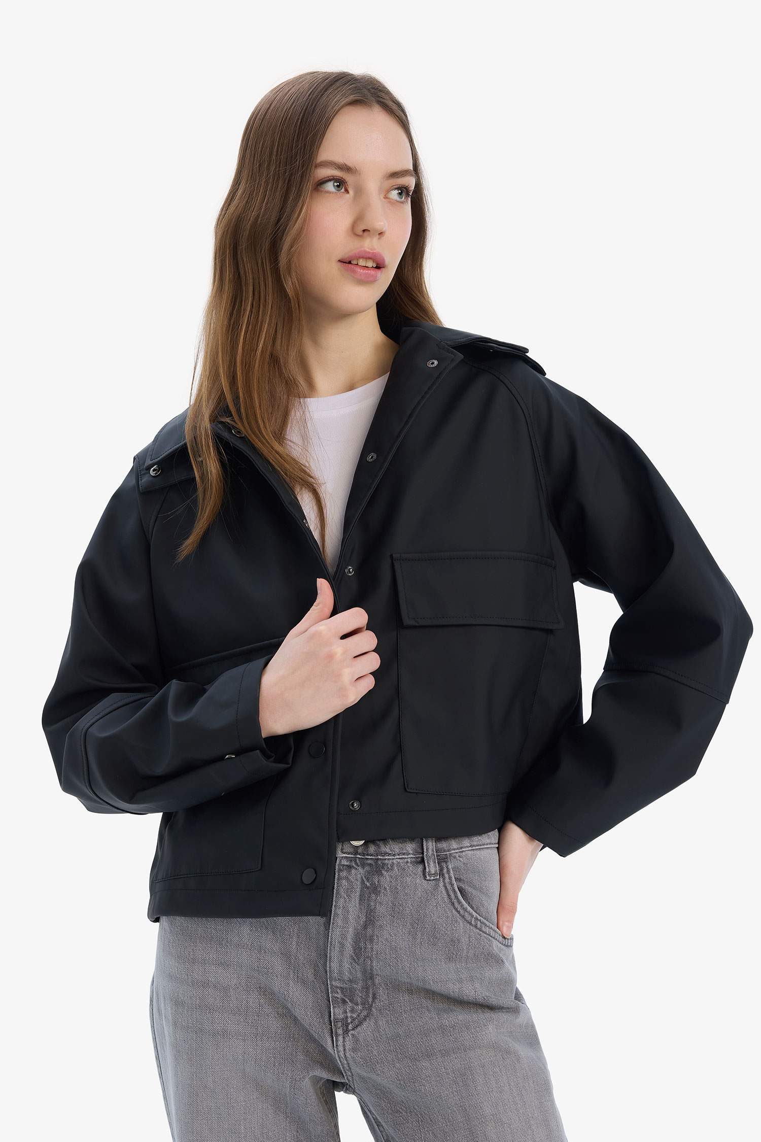 Hood Detail Shirt Collar Waterprood Rain Jacket