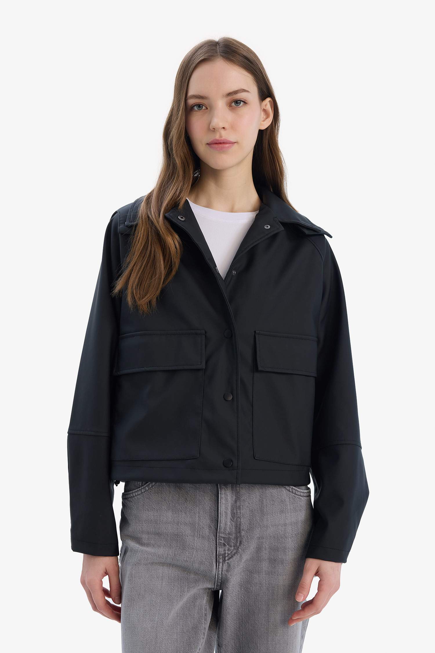 Hood Detail Shirt Collar Waterprood Rain Jacket