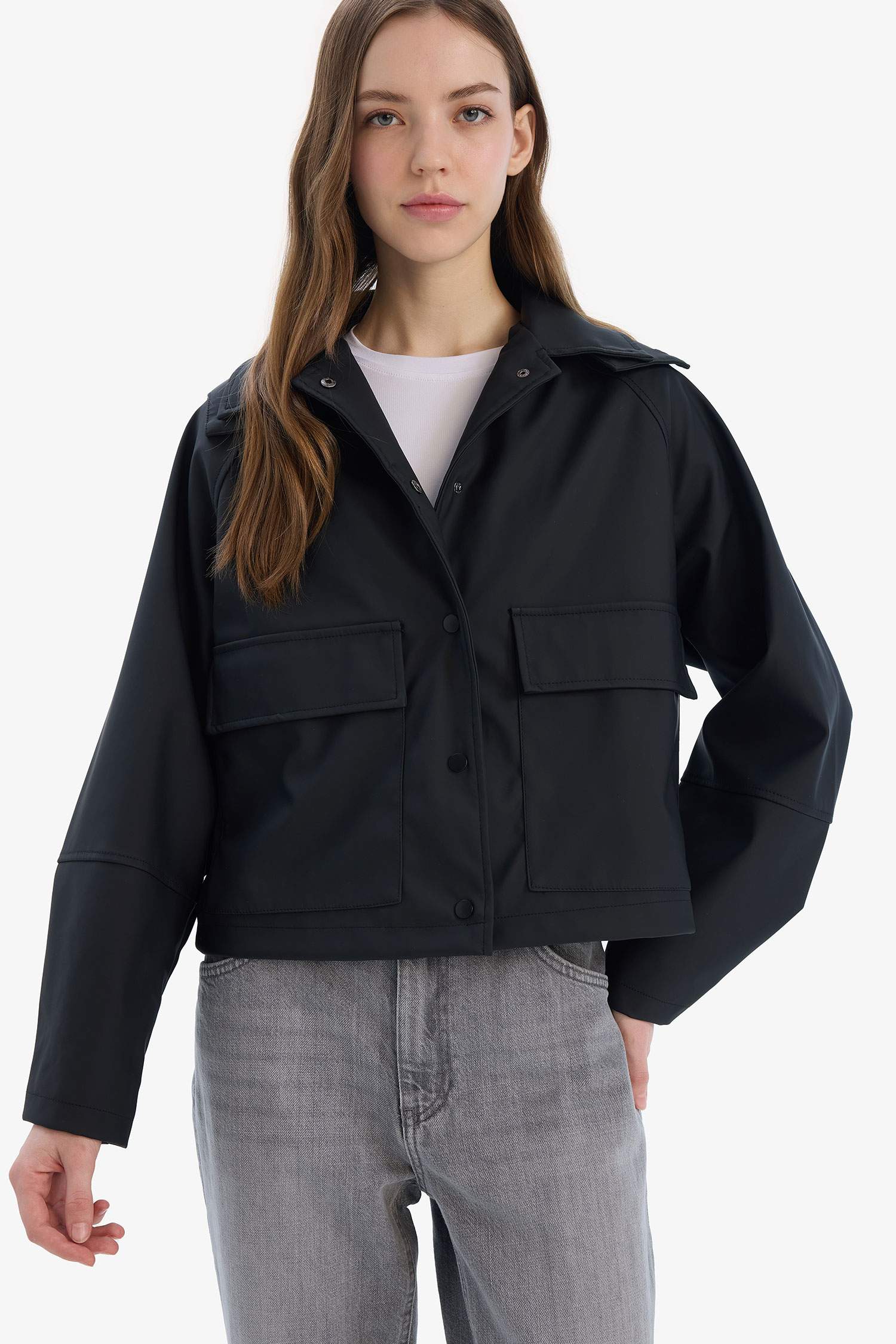 Hood Detail Shirt Collar Waterprood Rain Jacket