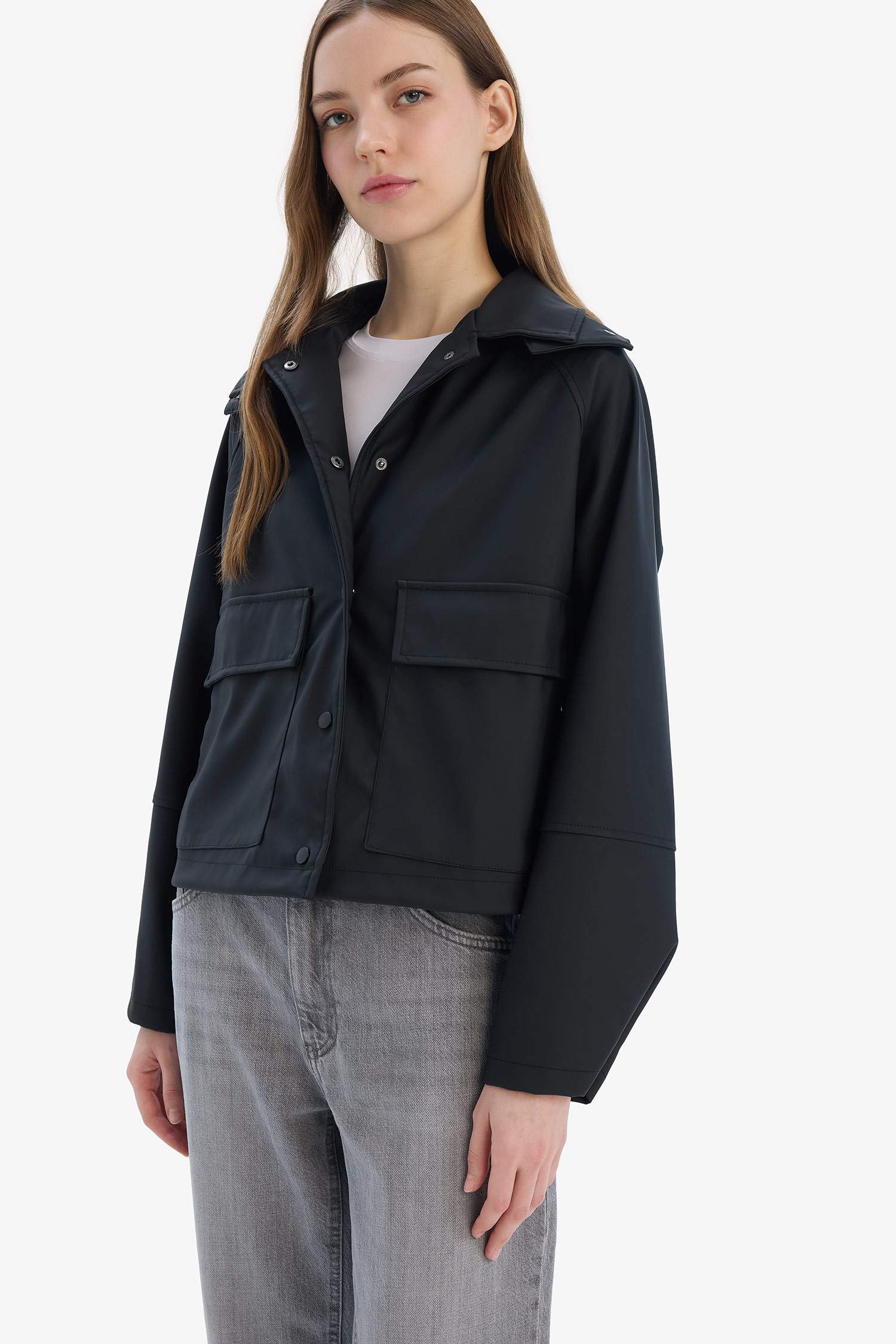 Hood Detail Shirt Collar Waterprood Rain Jacket