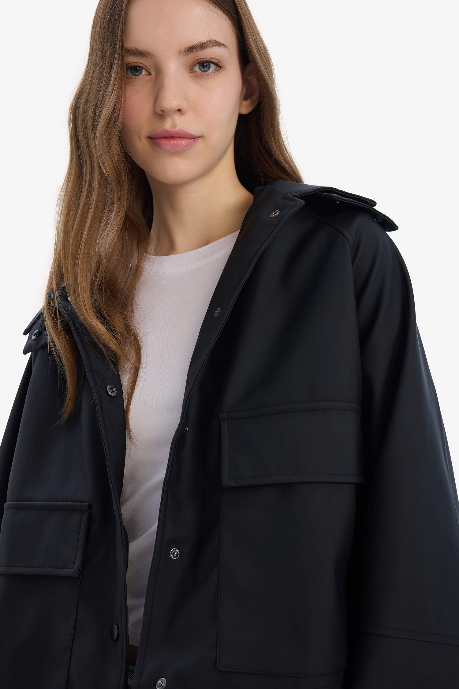 Hood Detail Shirt Collar Waterprood Rain Jacket