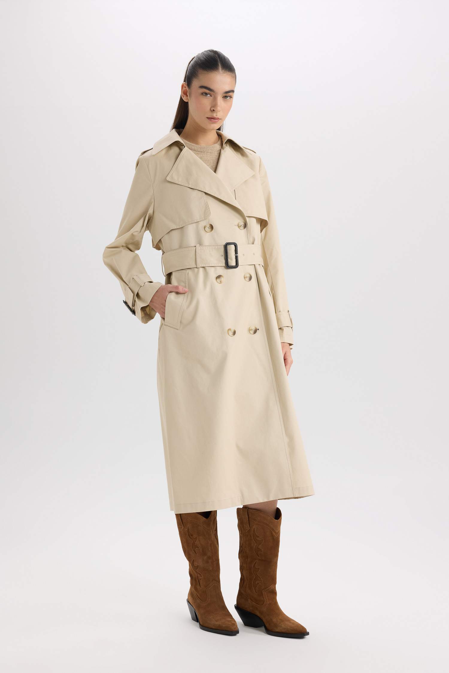 Double Breasted Belted Long Trench Coat