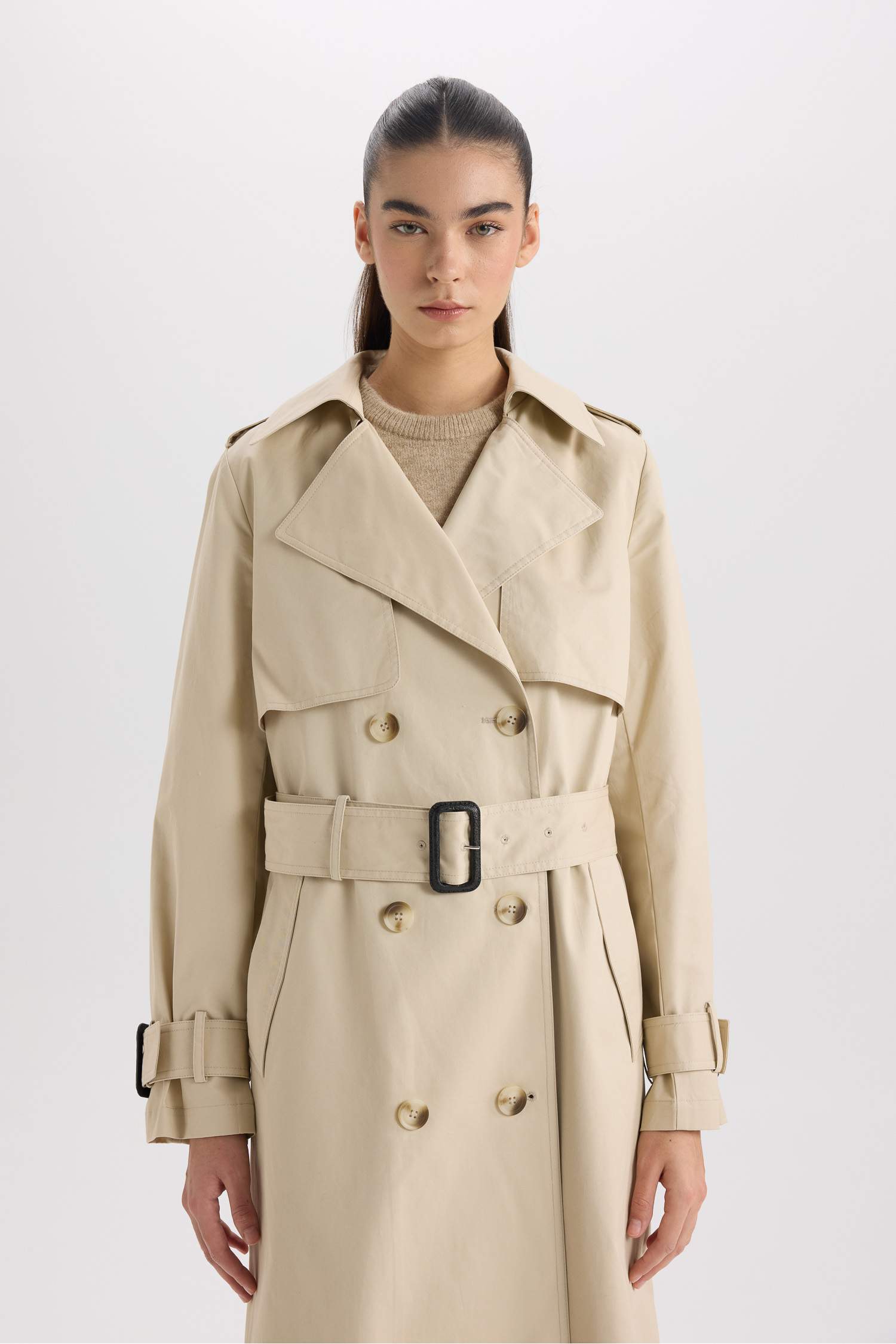 Double Breasted Belted Long Trench Coat