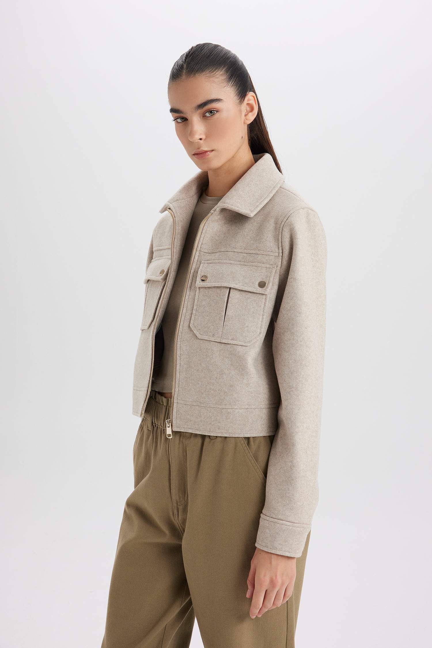 Regular Fit Polo Yaka Cepli Fermuarlı Kısa Kaşe Kaban