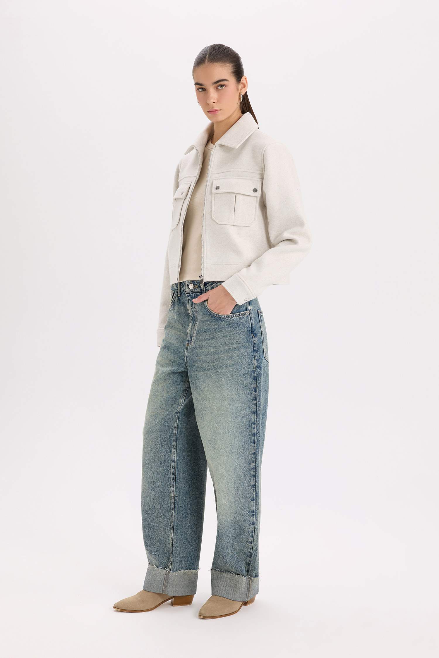 Regular Fit Polo Yaka Cepli Fermuarlı Kısa Kaşe Kaban