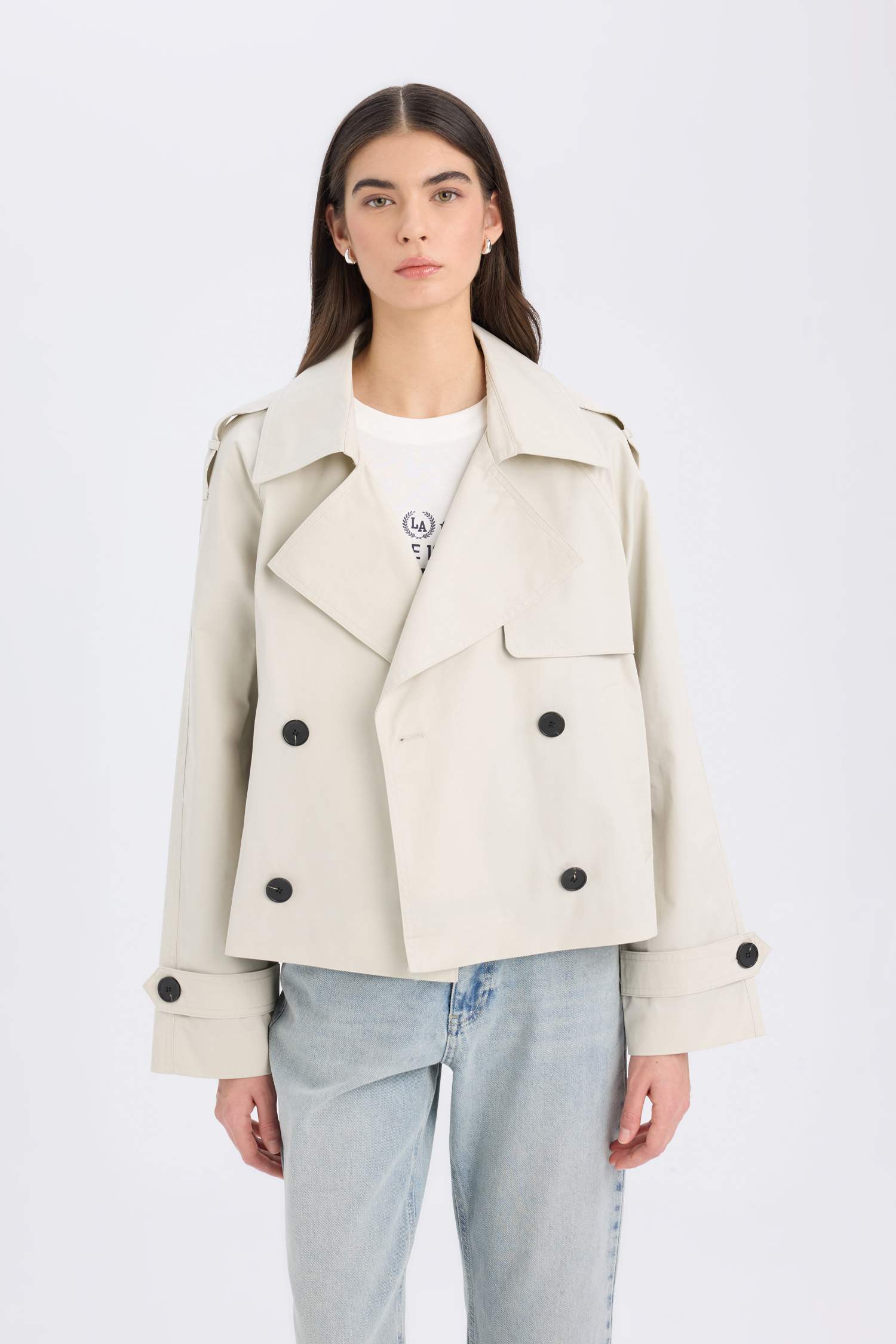 Regular Fit Kısa Trençkot Smokin Yaka Düğmeli Cepli Apoletli