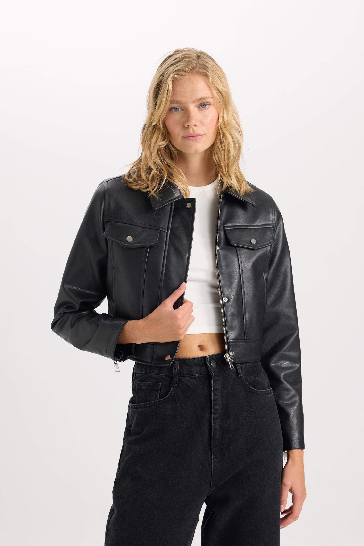 Suni Deri Mont Polo Yaka Cepli Fermuarlı Çıtçıtlı