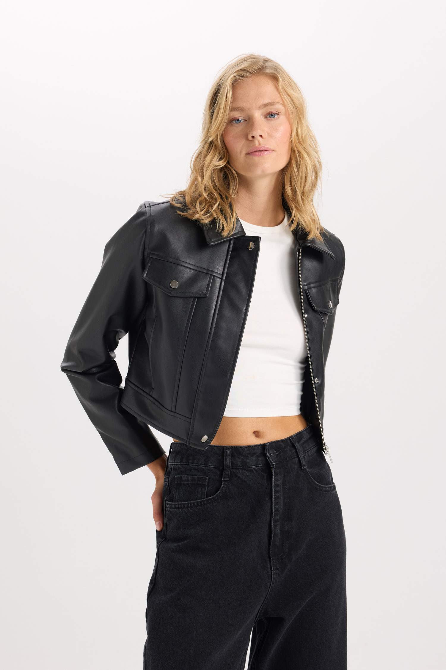 Suni Deri Mont Polo Yaka Cepli Fermuarlı Çıtçıtlı