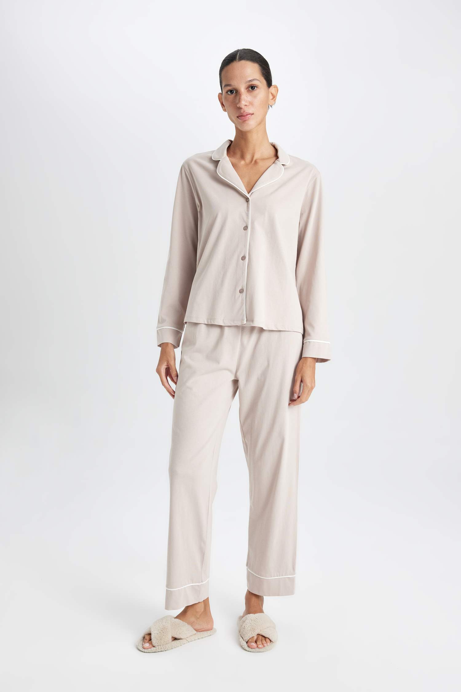 Pijama Takımı Basic Düz Uzun Kollu Üst Beli Lastikli Uzun Alt