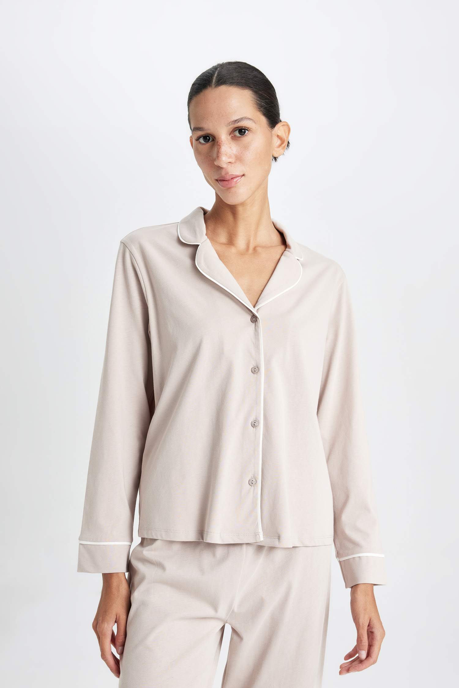 Pijama Takımı Basic Düz Uzun Kollu Üst Beli Lastikli Uzun Alt